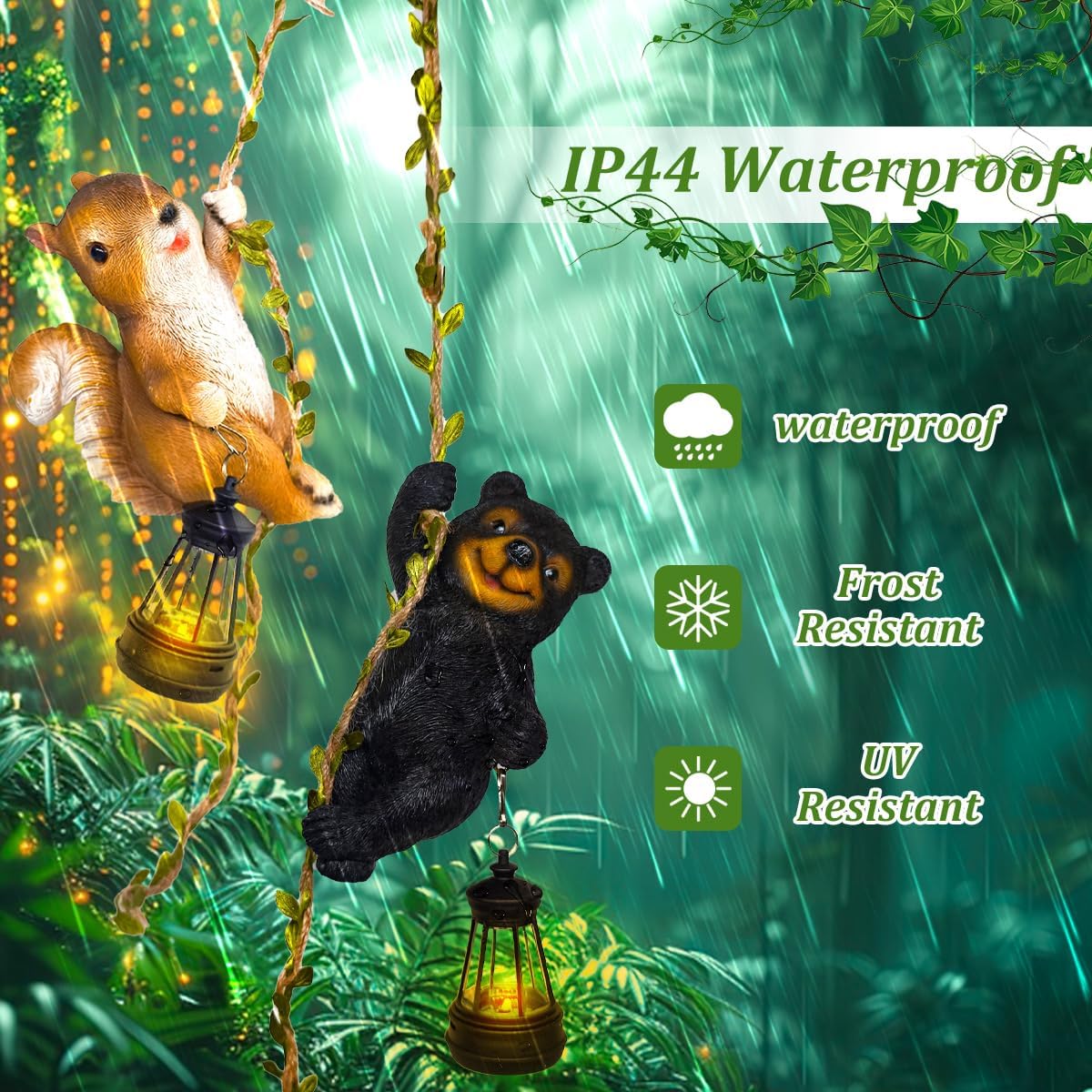 2PCS Solar Light Outdoor Statues, 6.7" H Resin Raccoon and Squirrel Climbing On A 24.8" L Vine with LED Lantern, Waterproof Hanging Solar Squirrel Figurine for Balcony Garden Yard Wall Tree Decoration