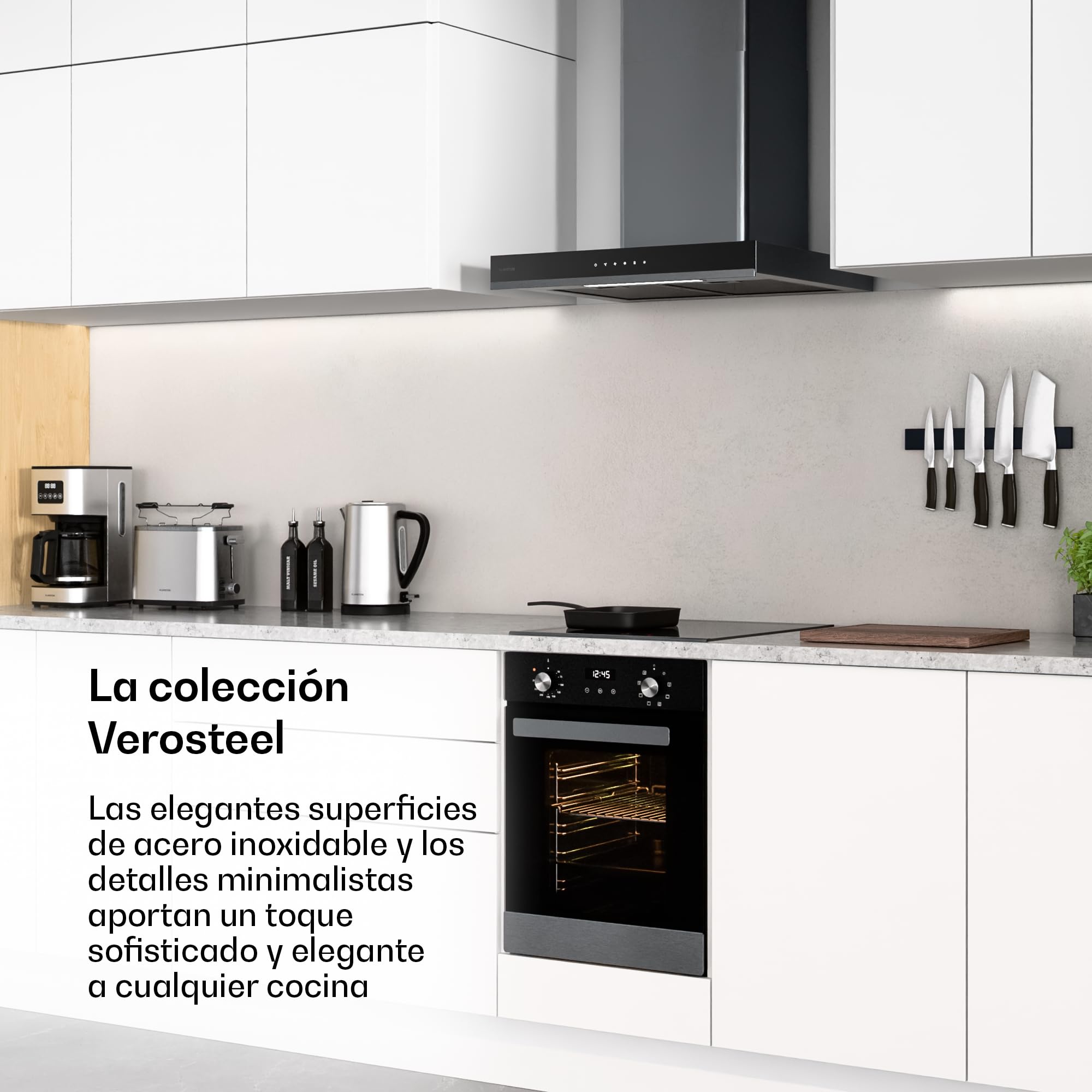 Klarstein Verosteel Horno Eléctrico Empotrable 45 cm - 49L, 8 Modos, Clase A, Acero Inoxidable & Cristal Negro, Fácil Limpieza, Temporizador, Horno Integrable Compacto