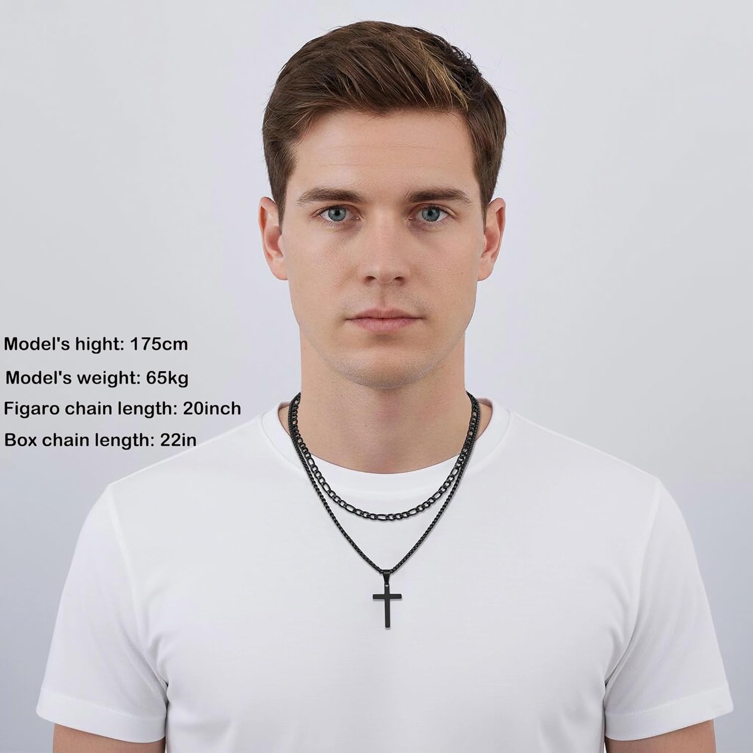 Fiusem 2 Pcs Cross Necklace Chain for Men and Women, Stainless Steel Layered Mens Cross Necklaces with Pendant, Figaro and Box Chain 16-24 Inch - Image 2