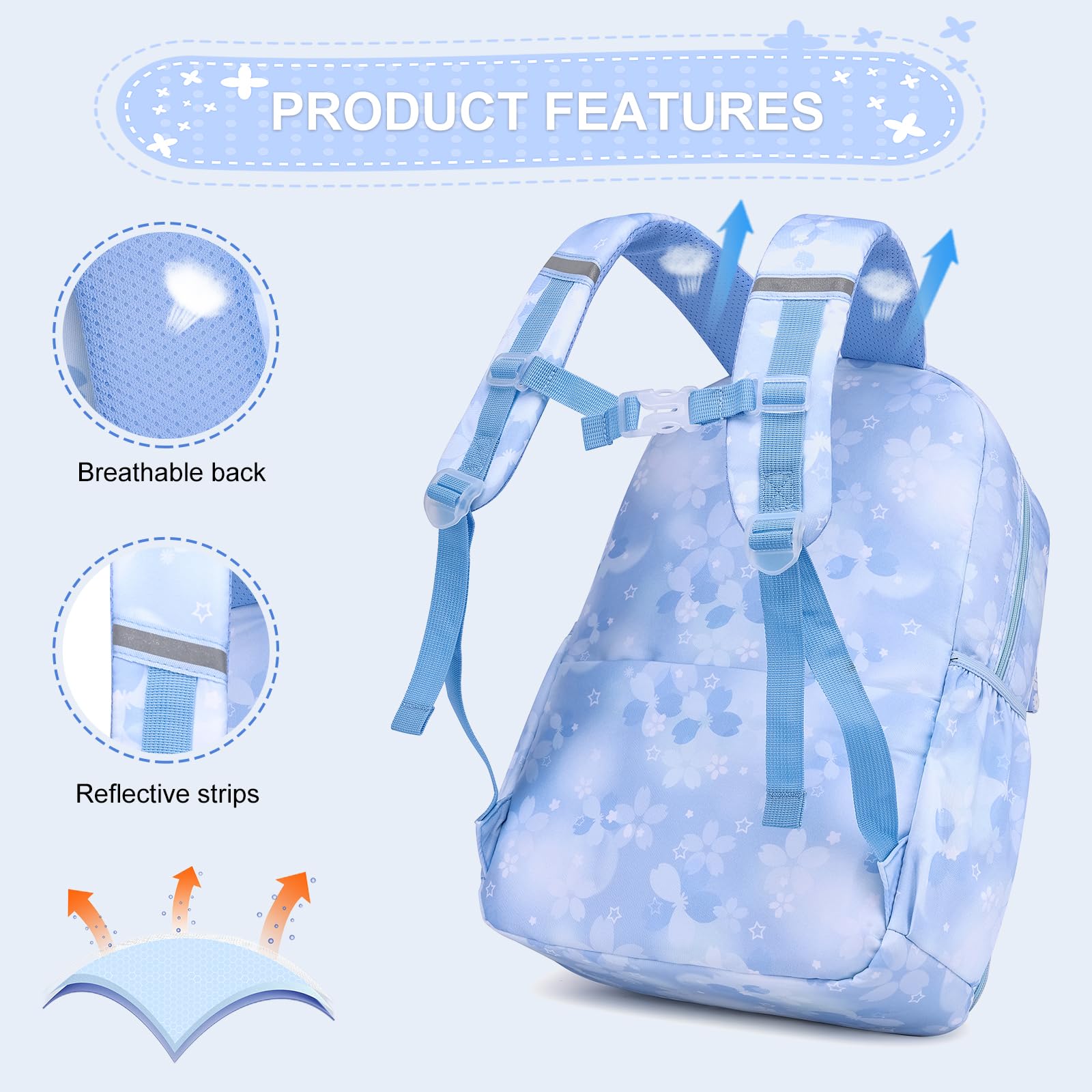 KEBEIXUAN Set Mochila Escolar Niña 3 Piezas para Colegio, Mochila Infantil Primaria con Fiambrera y Estuche, Apertura 180°, Ligera 26L, Cabe A4-6-10 Años (conjunto azul)