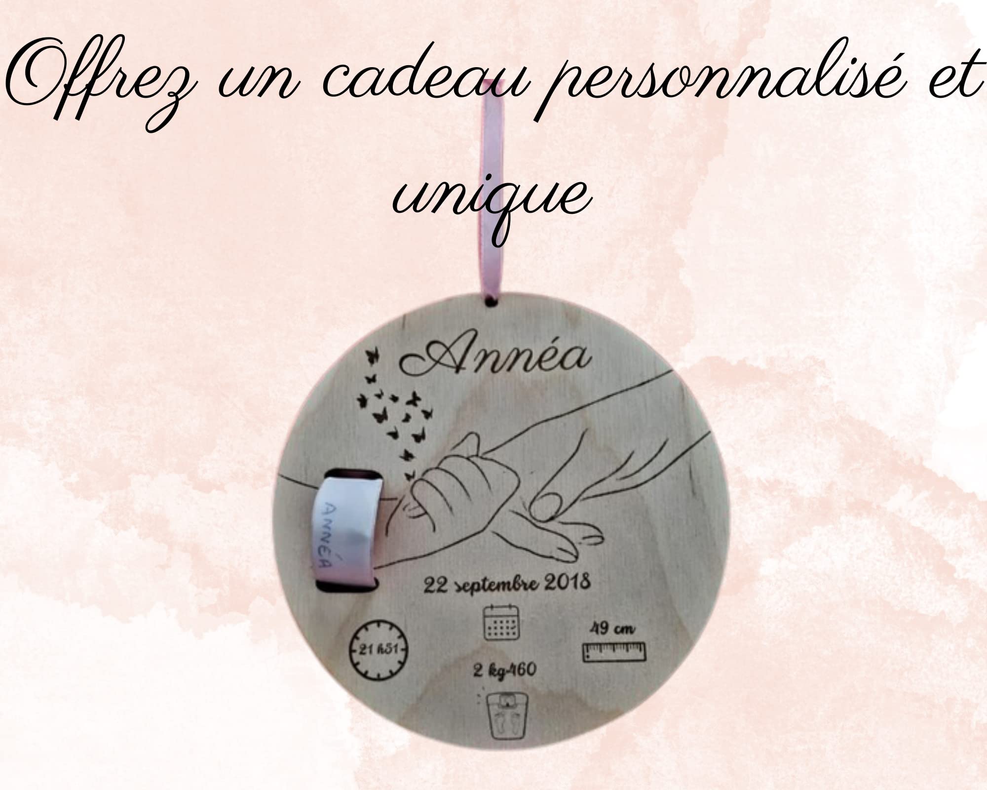 Porte bracelet de naissance personnalisé nouveau-né avec prénom,date, heure, poids, taille. Souvenir enfant, cadeau naissance à offrir, maternité