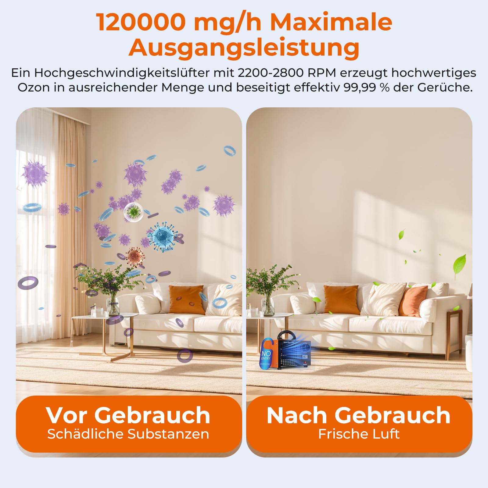 Ozongenerator - 120000 mg/H Ozongerät bis zu 320 ㎡ mit Temperatur- und Feuchtigkeitsanzeige, 120-Minuten-Timer, O3 Ozon Luftreiniger für Auto Garagen Wohnung Hotels Küche Haustiere, Reinigen Gerüche