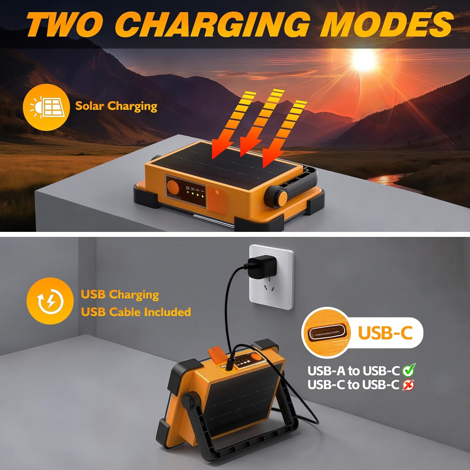 120W Solar Rechargeable Work Light, 144 LED 10000LM Led Work Light with 4 Modes, Portable Flood Light with Stand, IP66 Waterproof Outdoor Working Light for Emergency Mechanic Camping Repair (Yellow) - Image 4