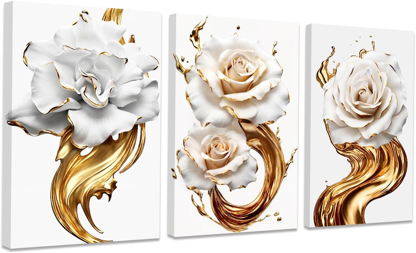 CCWACPP 3 Piece Floral Canvas Wall Art Magnolia Flowers Pictures Black and White Flowers Painting Prints Modern Bedroom Living Room Home Decor Framed (A, (16"x24"x3))