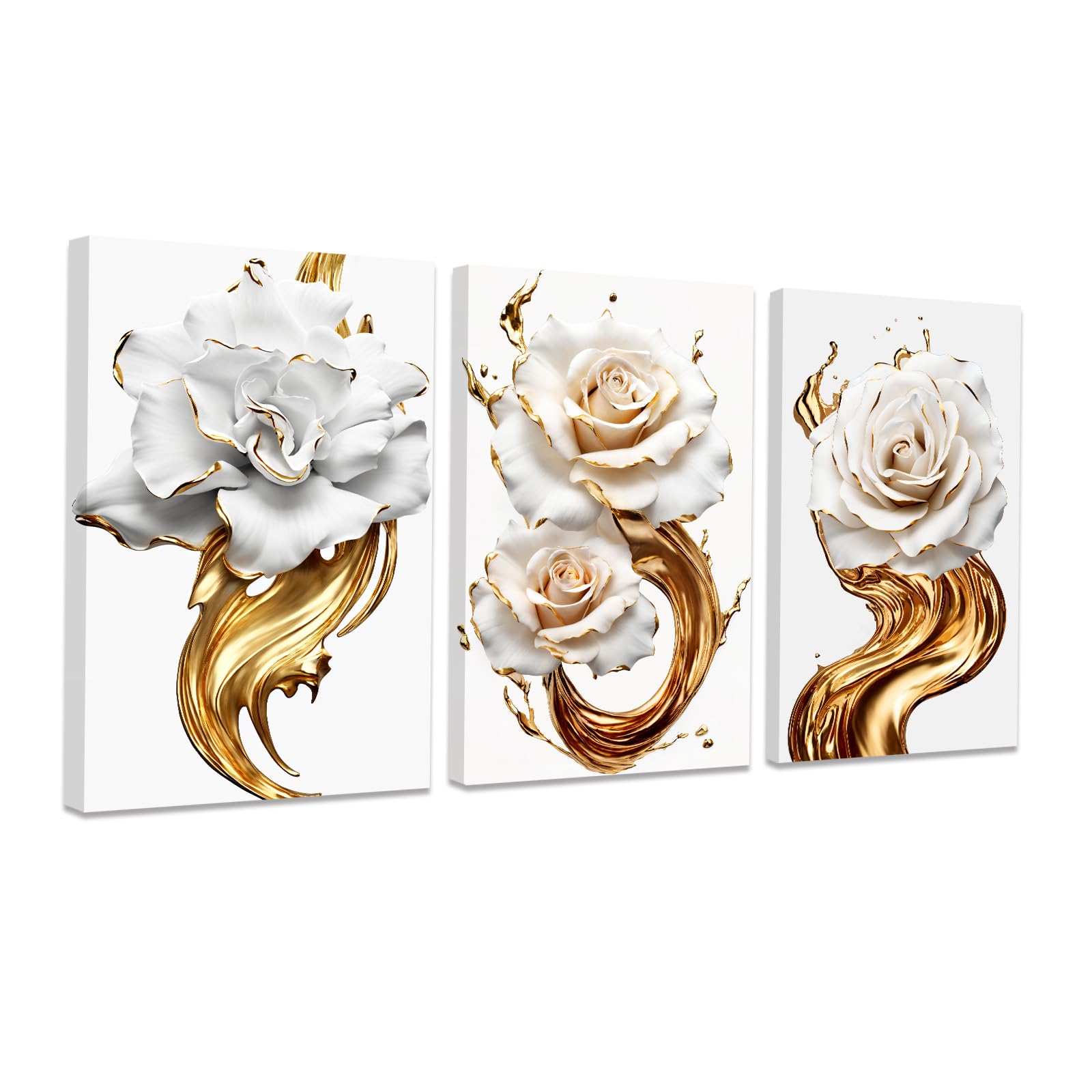 CCWACPP 3 Piece Floral Canvas Wall Art Gold And White Rose Pictures Abstract Flowers Painting Prints Modern Bedroom Living Room Home Decor Framed (B,