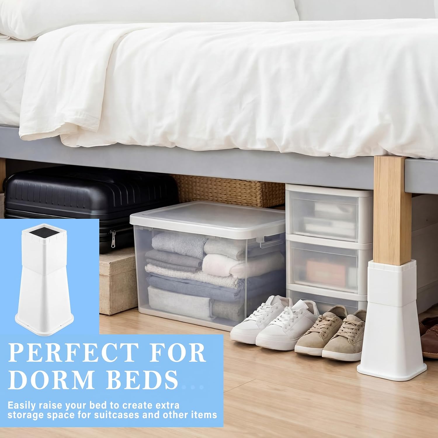 Novabright 12 Inch 4 Pack College Dorm Bed Risers,White | Heavy Duty, Plastic Dorm Bed Extender, Stackable Furniture Risers, for Storage Sofa Table Desk Couch Chair
