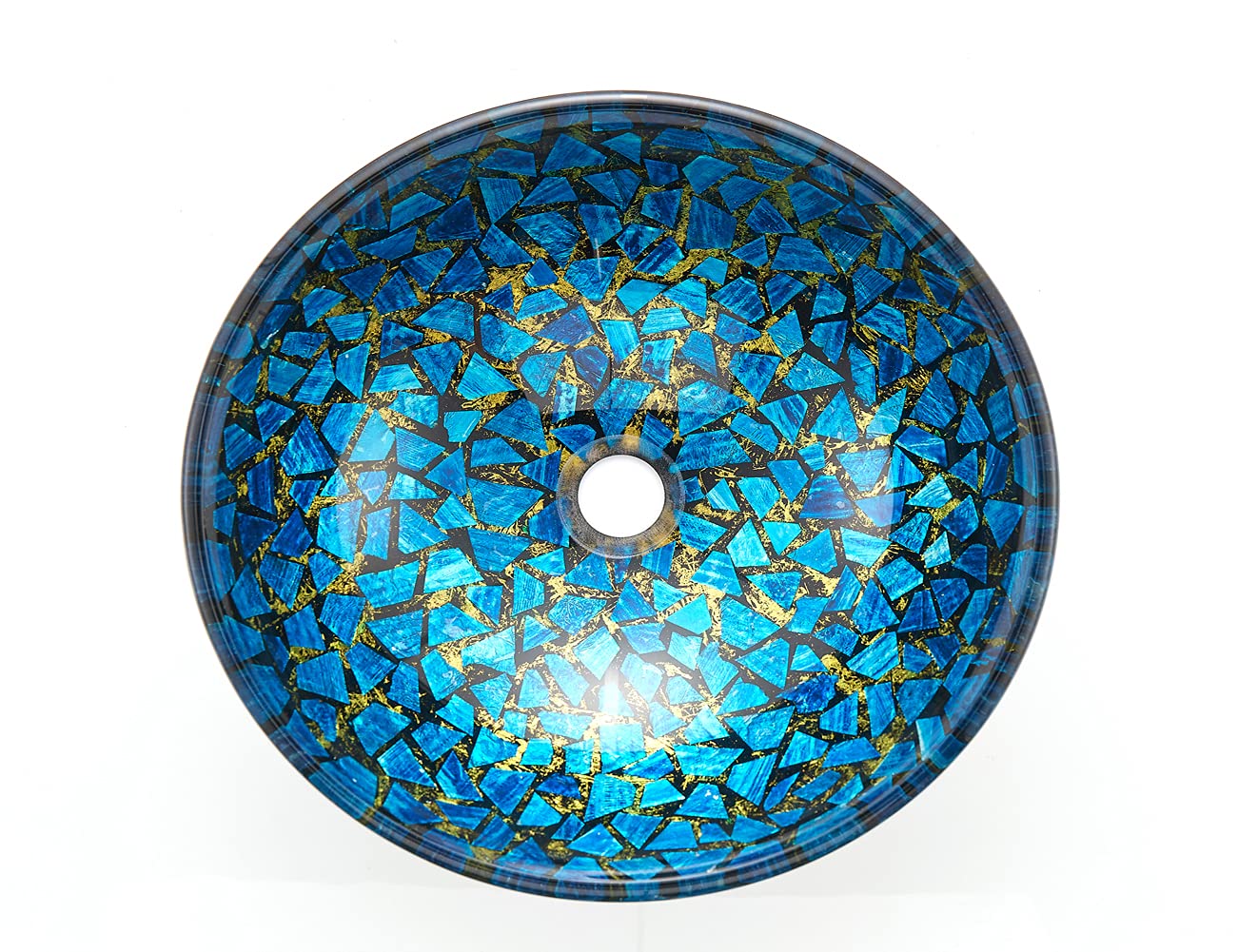 Hyacin Series - Fregadero redondo de mosaico de vidrio templado decorativo en azul estrellado | Fregaderos de montaje superior sobre encimera | Fregadero de encimera de tocador con drenaje 7