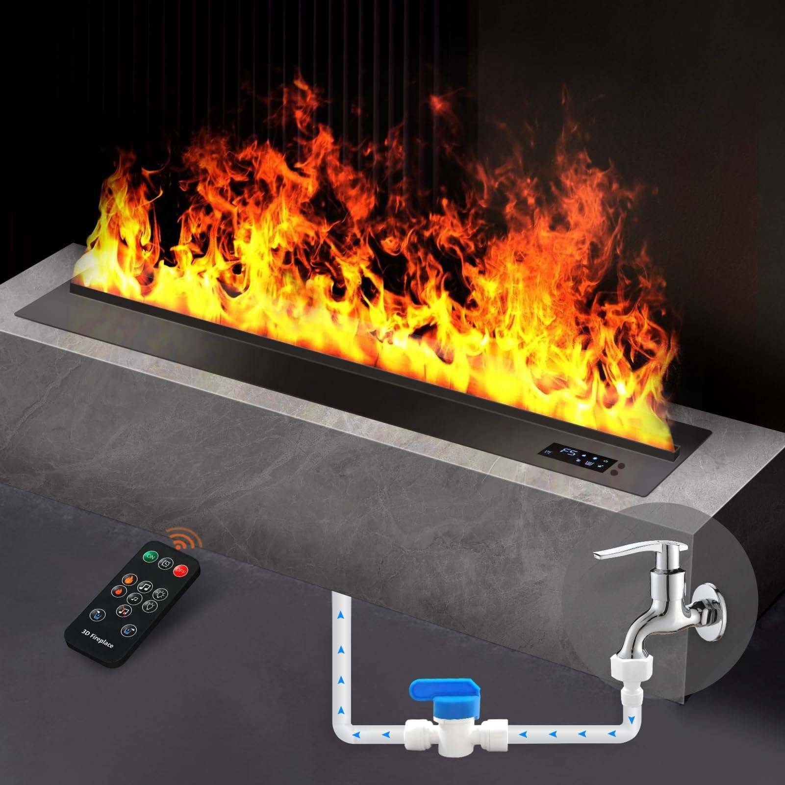 Chimenea eléctrica con control de aplicación y efecto de humo de vapor de agua, control remoto incluido, diseño moderno de acero inoxidable para sala de estar, dormitorio, cocina, oficina y bar