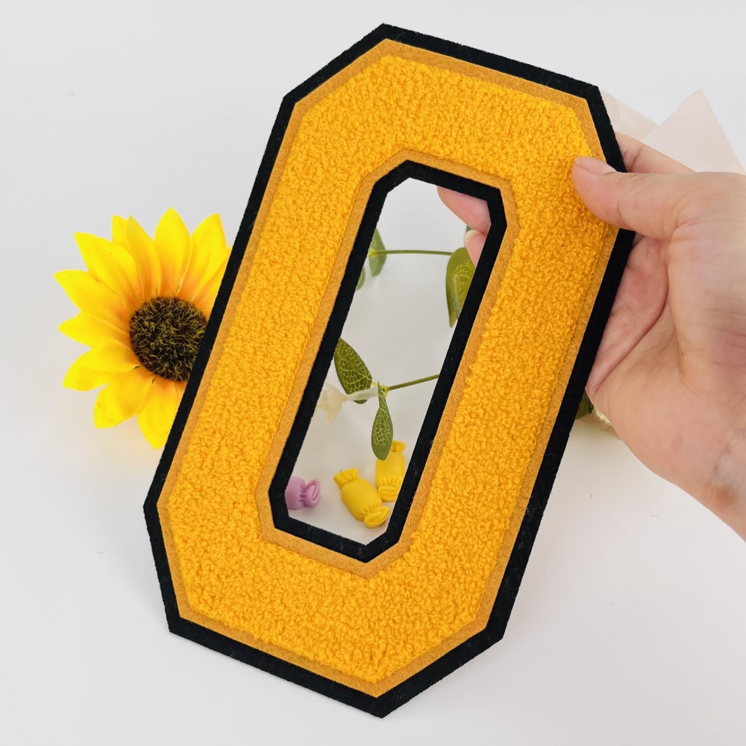 2 Pcs 8.0" Yellow Chenille Number Patches, Iron On or Sew On Appliques for Clothing, Jackets, Backpacks Varsity Style Large Number Pair with Varsity Letter Patch Black Border (Yellow 0) thumbnail
