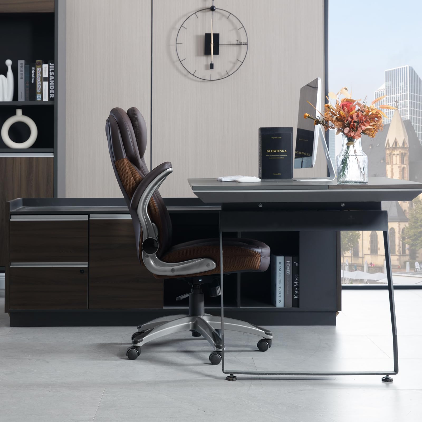 WOLTU Sedia Ergonomica da Ufficio, Poltrona Direzionale, PU, Marrone | con Supporto Lombare, con Funzione Basculante e Braccioli Regolabili, Altezza Regolabile
