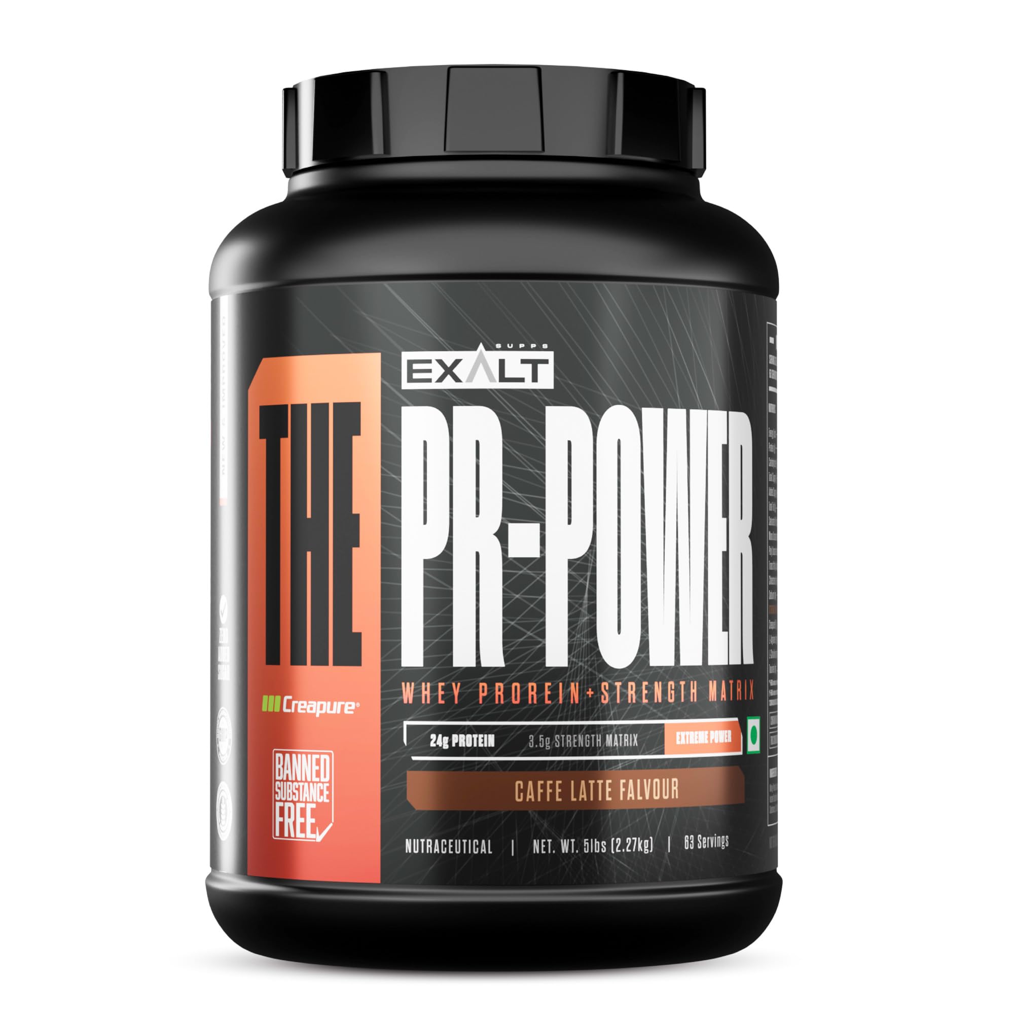 [BRSROCYYAAGQMFI2] The PR- Power Whey Protein + Strength Matrix | 2.27 Kg | 63 Servings | 24g Protein | 3.5g Strength Matrix | Zero Added Sugar | Extreme Power (Caffe Latte)