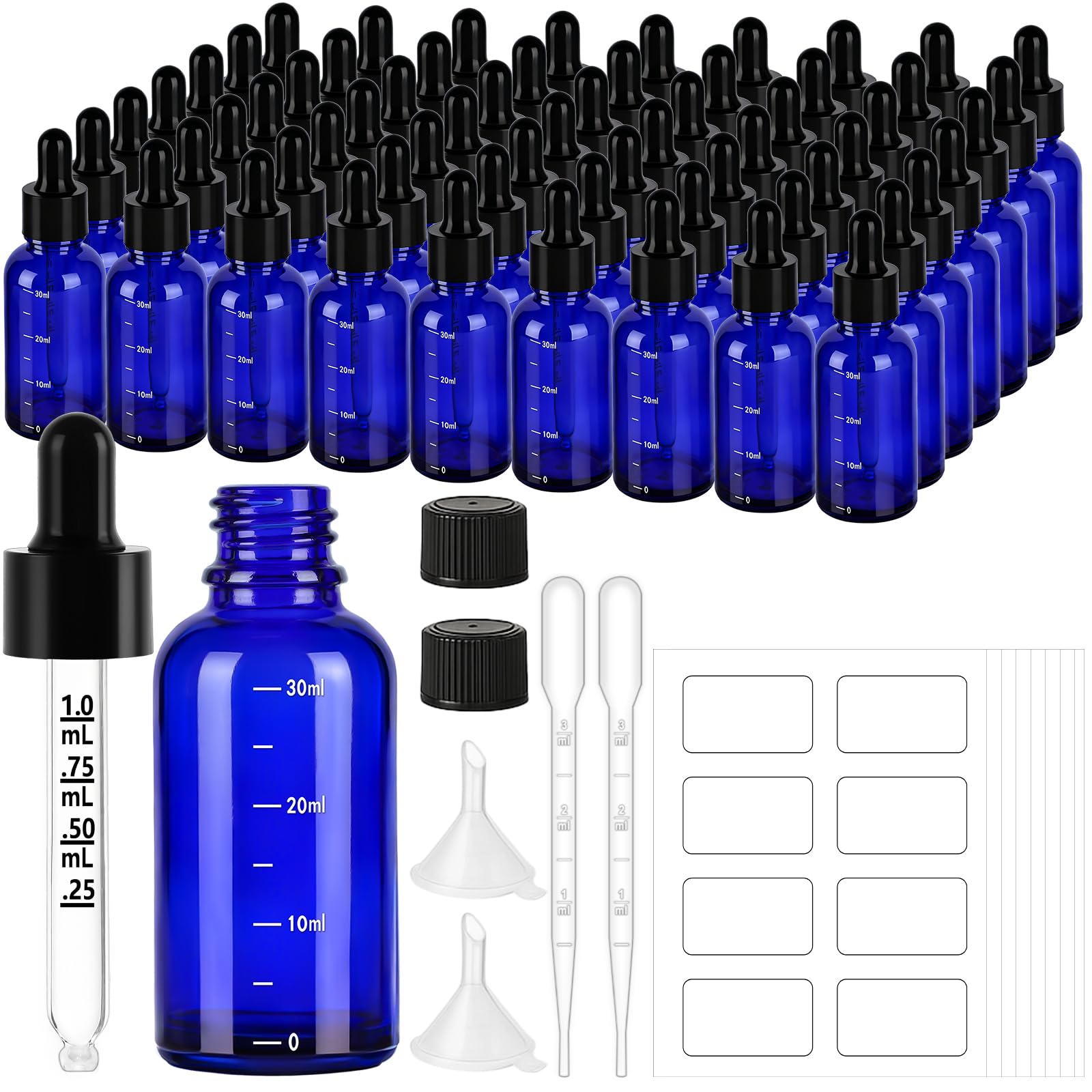 63 Pcs 1oz Blue Glass Dropper Bottles with Measurement, 30ml Leakproof Tincture Bottles with Funnels, Eye Droppers, Extra Caps & Labels, Refillable Empty Bottles for Tinctures, Essential Oils
