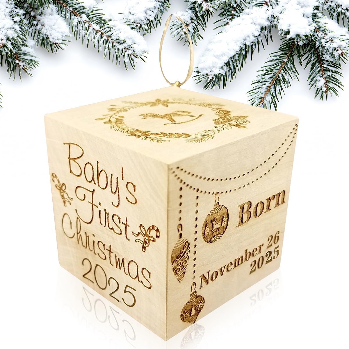 Baby’s First Christmas Ornament (2025) Personalized Custom Engraved Baby Block Boy or Girl Collectible Keepsake Heirloom | Large 2" Tree Hanging Decoration | Babies, Infants, Newborns