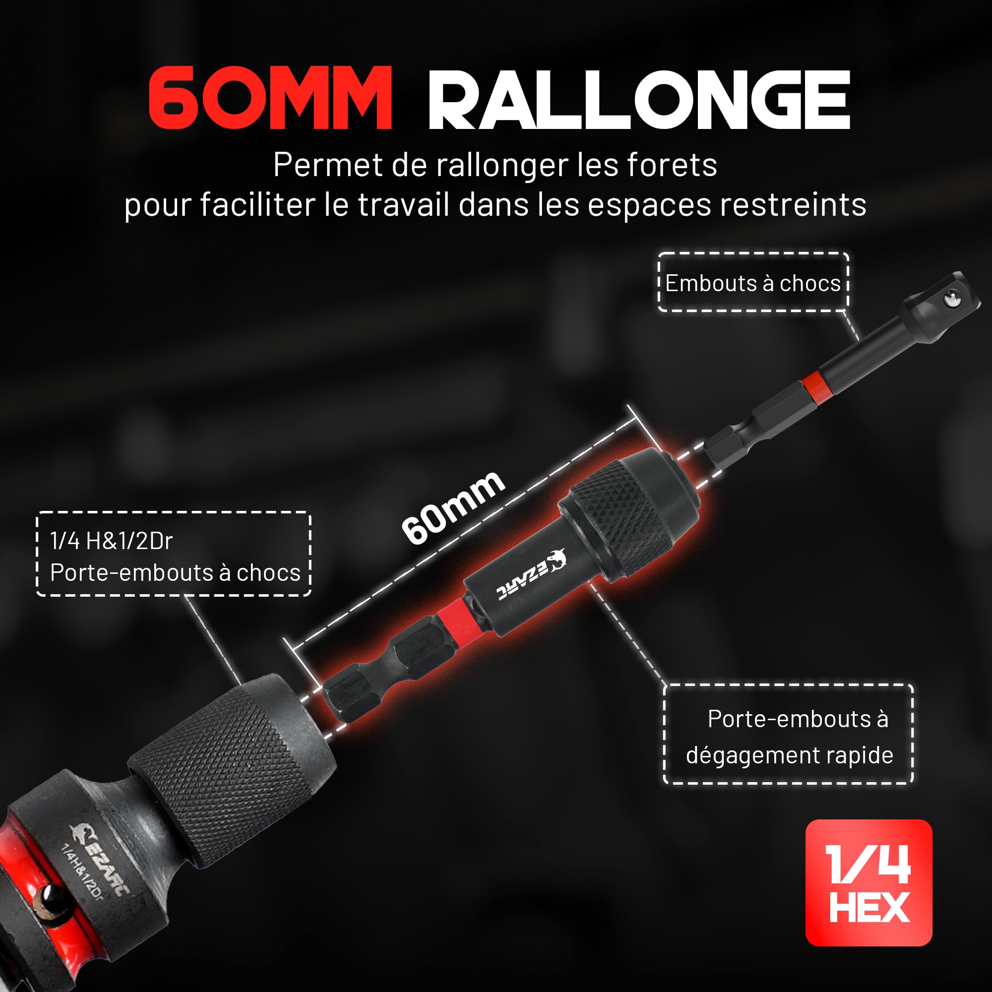 EZARC Lot de 21 adaptateurs de clé à douille, extensions et réducteurs CR-V, joints de cardan CR-MO et adaptateur à impact, visseuse à percussion, accessoires pour réparation automobile et atelier
