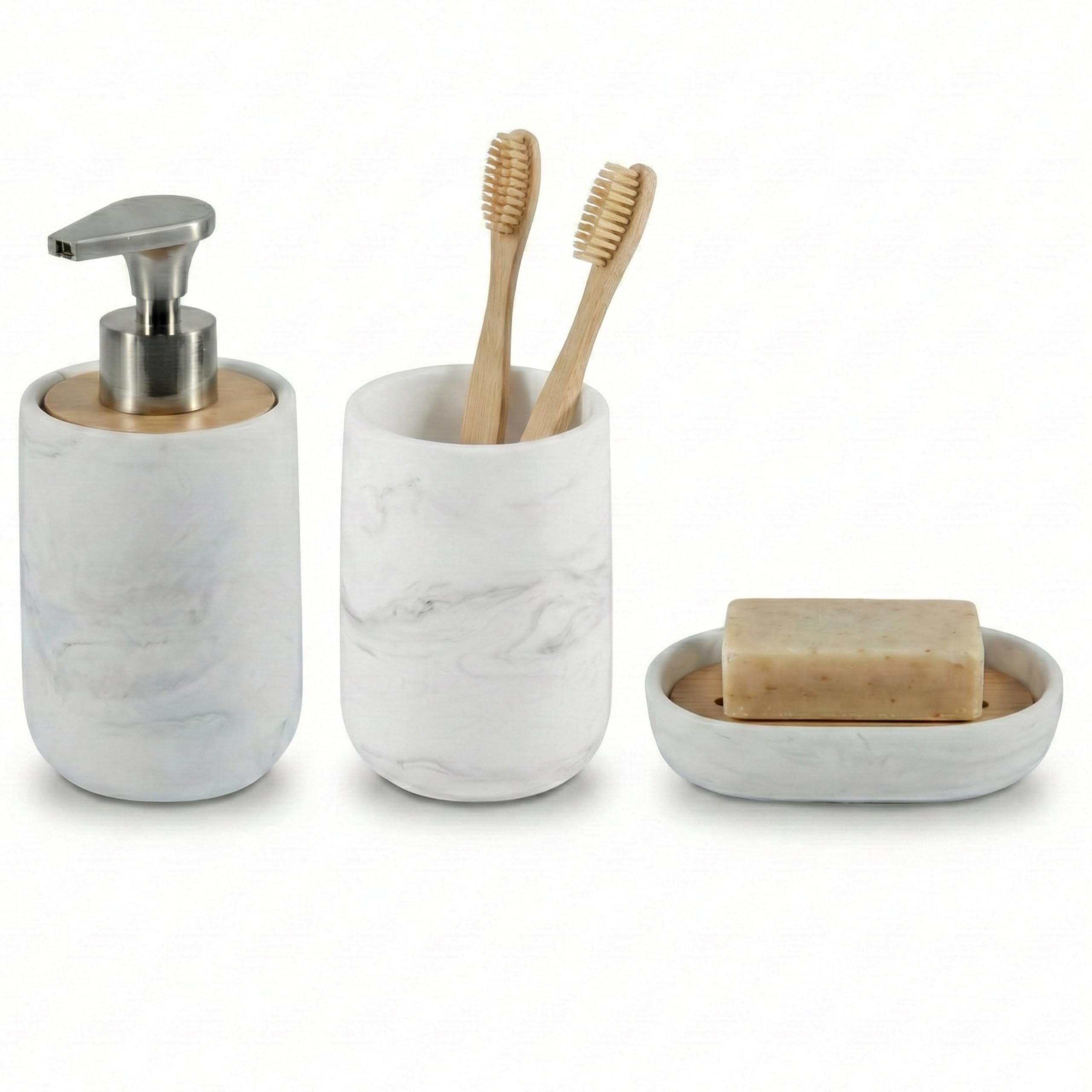 Set de Baño 3 Piezas - Dispensador de Jabón con Bomba de Aleación de Zinc, Vaso y Jabonera - Resina Blanca Efecto MÔrmol y Bambú Natural - Accesorios de Baño Modernos y Resistentes