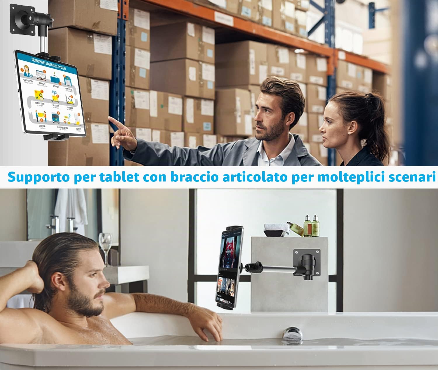 Oilcan Supporto Tablet Parete con Braccio in Metallo Regolabile, Porta Muro iPad con Base Trapano per Cucina/Bagno/Palestra/Bancone, per iPad Mini Air Pro, Galaxy, Lenovo, iPhone 4-12,9"