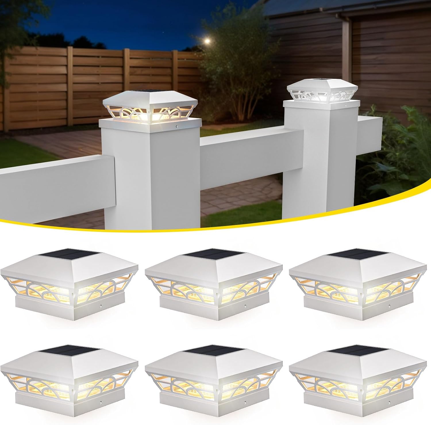 T-SUN Solar Post Cap Lights 6 Pack – Outdoor Waterproof Fence Lights for 3.5x3.5 4x4 5x5 5.5x5.5 Wood/Vinyl Posts, 2 Modes Warm White/White, Solar Deck Light for Patio, Garden, Porch (Black)