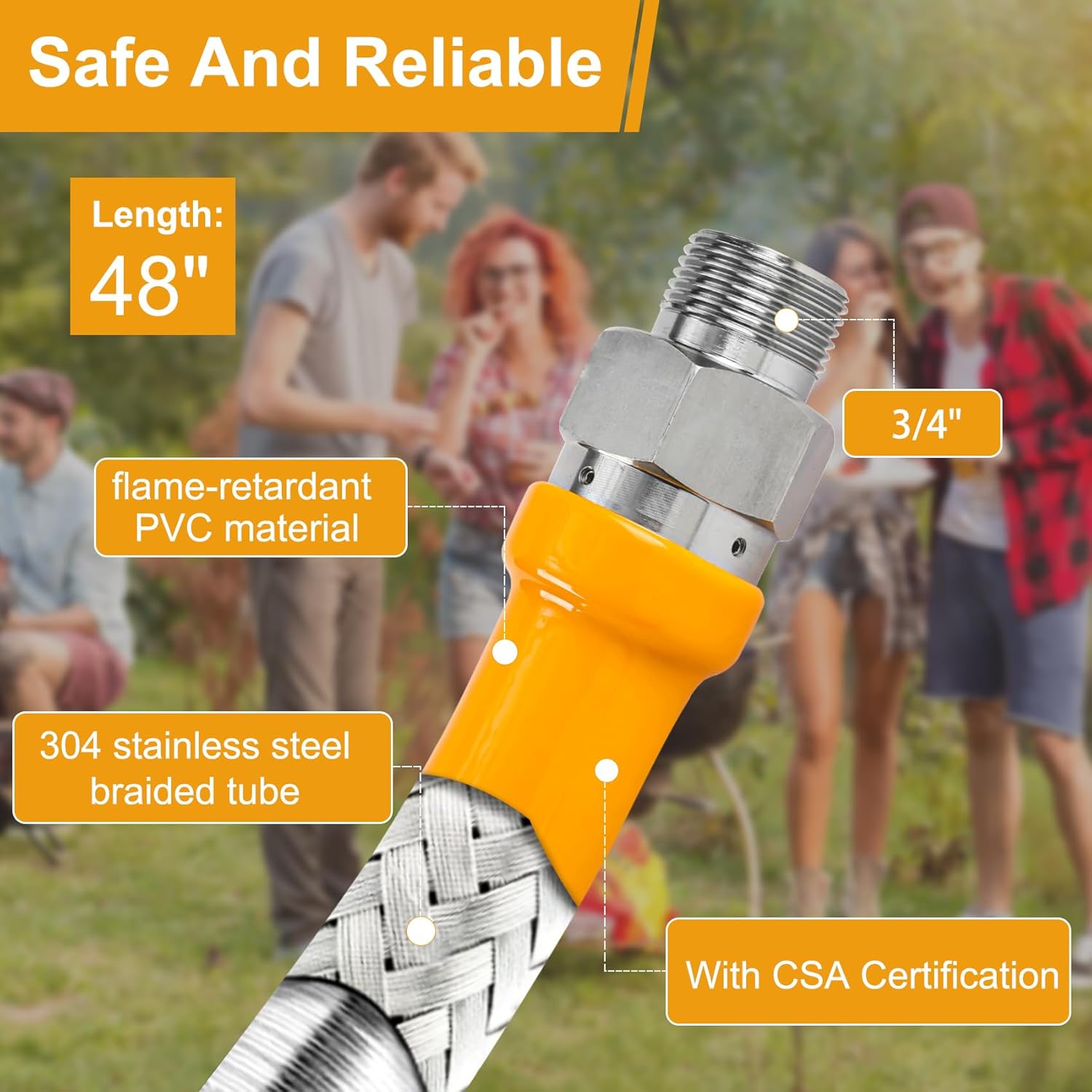 Safety System Kit, 3/4" Gas Line Hose for Commercial Kitchen, 48" Mobile Gas Hose Connector Kit with 2 Elbows, Yellow