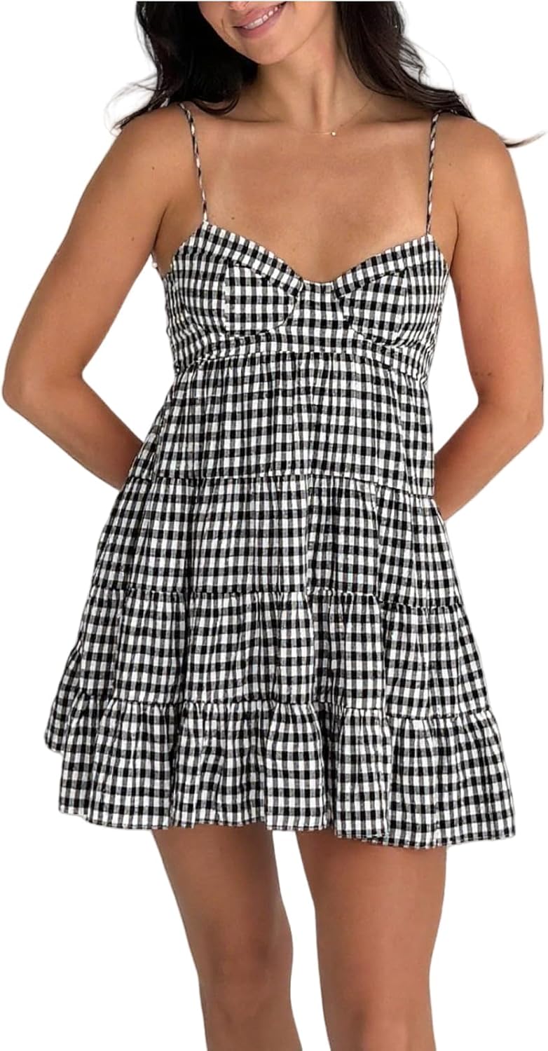 Women Y2k Gingham Dress Spaghetti Strap Tie Back Plaid Mini Dresses Summer Flowy Smocked Sundress