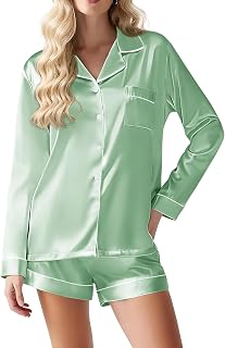 Satin Pajama Set for Women Button Down Pj Set Long Sleeve Top and Shorts 2 Piece Loungewear Summer Soft Sleepwear