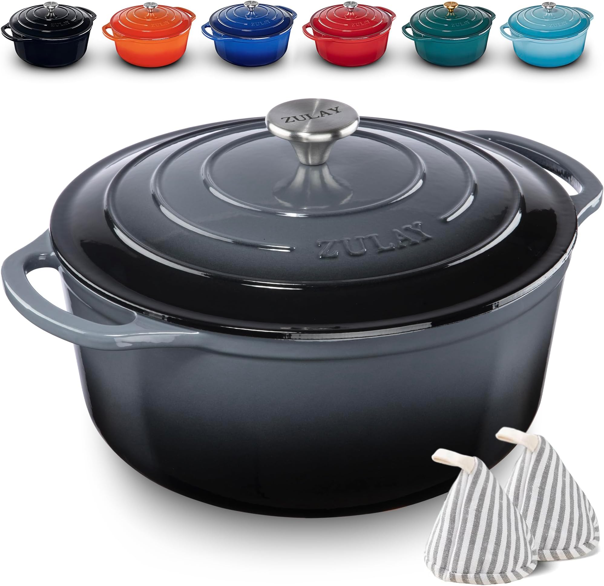 Zulay Kitchen 6 Quart Enameled Cast Iron Dutch Oven with Lid – Premium Durability & Oven Safe up to 500°F – Heavy Duty Cookware Perfect for Bread Baking, Stews, Braising & Roasting – Grey
