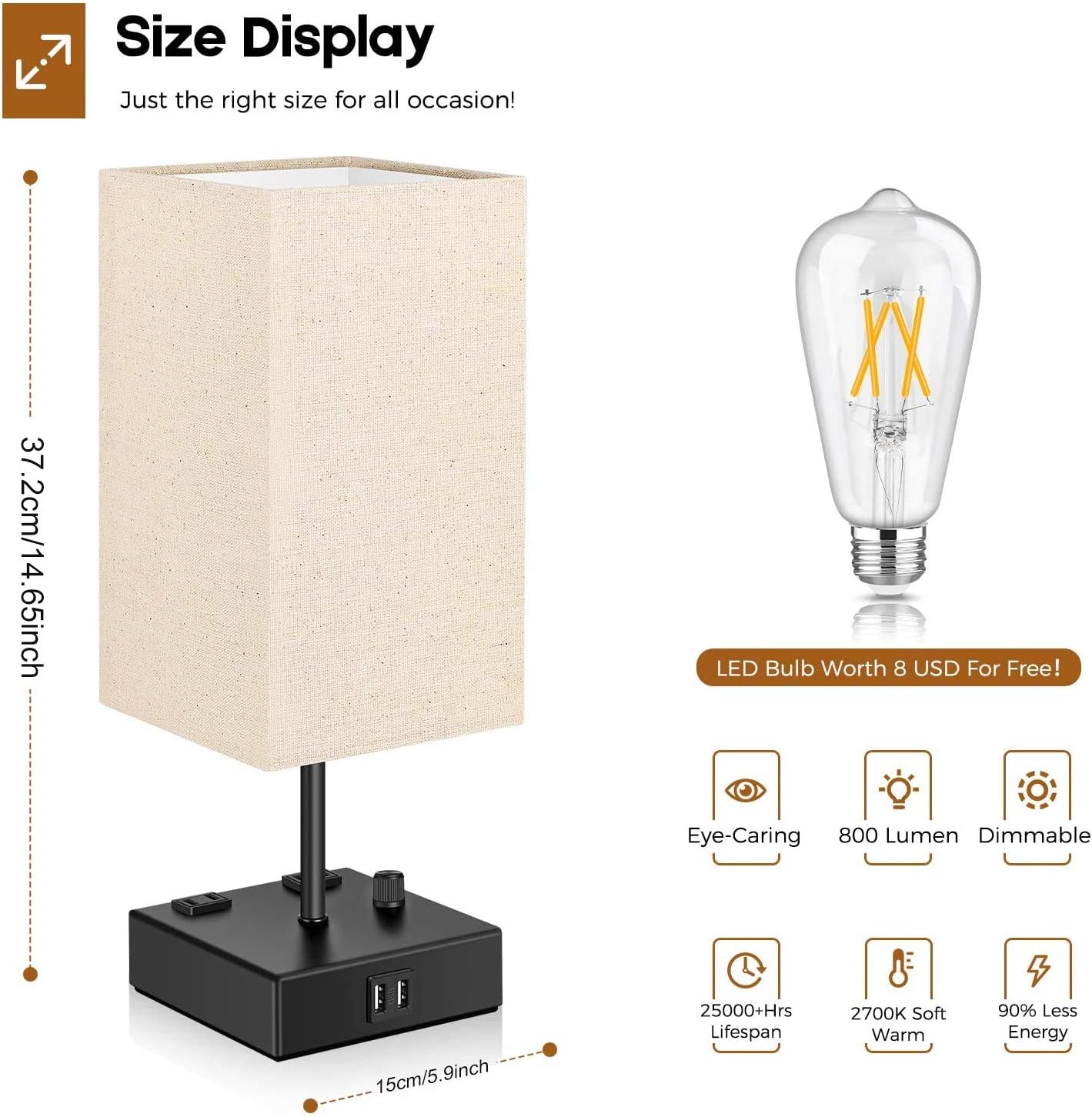 Promo Discount Up To 70% Off Upgraded Fully Dimmable USB Bedside Table Lamp Set of 2, Nightstand Table Lamps with 2 USB Charging Ports 2 AC Outlets, Square Fabric Shade Modern Desk Lamp Set for Bedroom Living Room, Bulbs Included