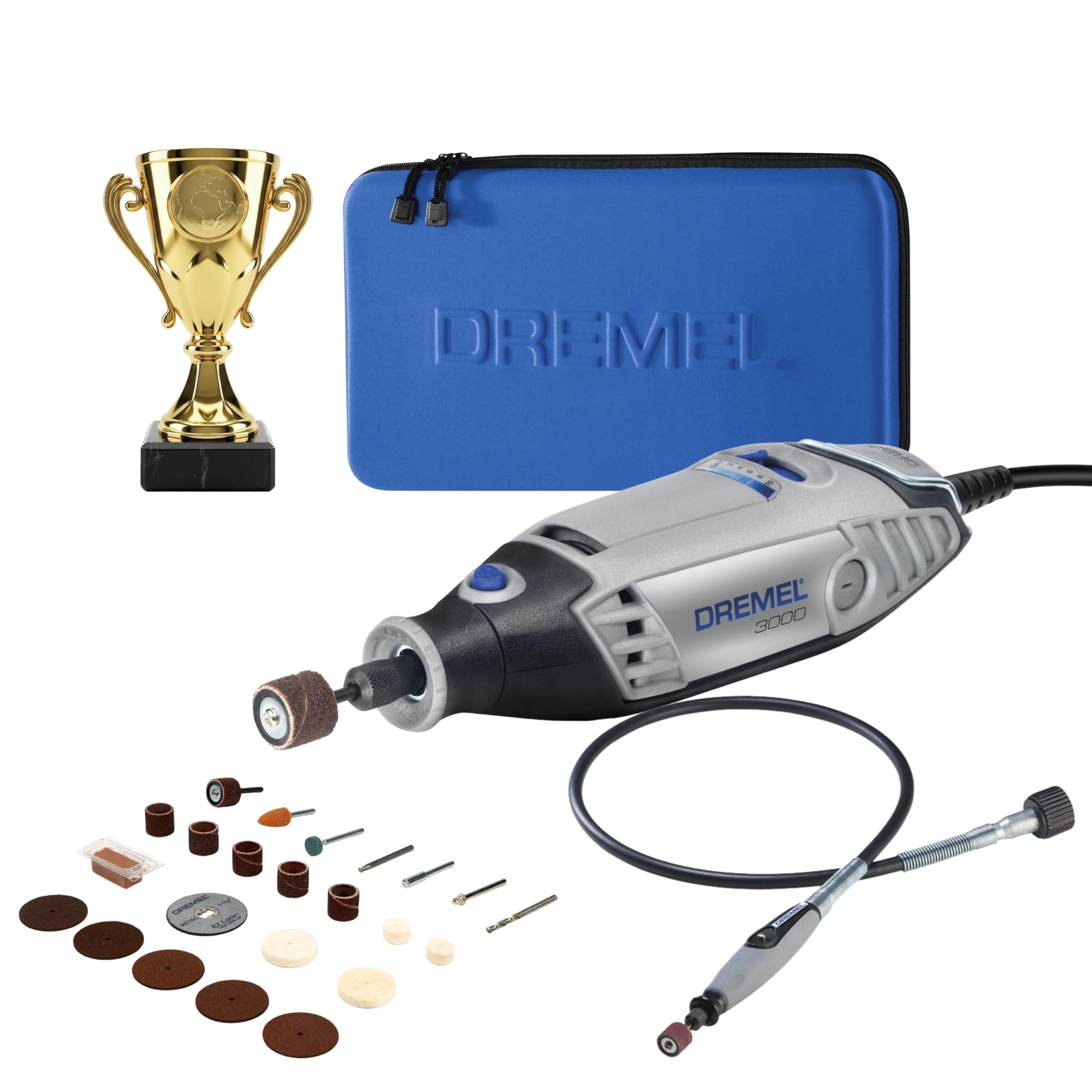 Dremel 3000 Champion's Rotary Tool 130W Motor, 5 Variable Speed, 33,000 RPM with 25 Accessories, Engravable Trophy, Storage Bag, Flex Shaft for Cutting, Carving, Sanding, Drilling - Limited Edition