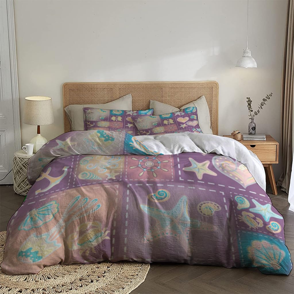 NIBAINLO 布団カバー波、カニ、ホイール、アンカー、星、ハート、紫のカラートーン 肌に優しい ピーチスキン加工 掛け布団カバー 和式 洋式 あったか 布団カバーセット リバーシブル ホームステイ ホテル 家庭兼用