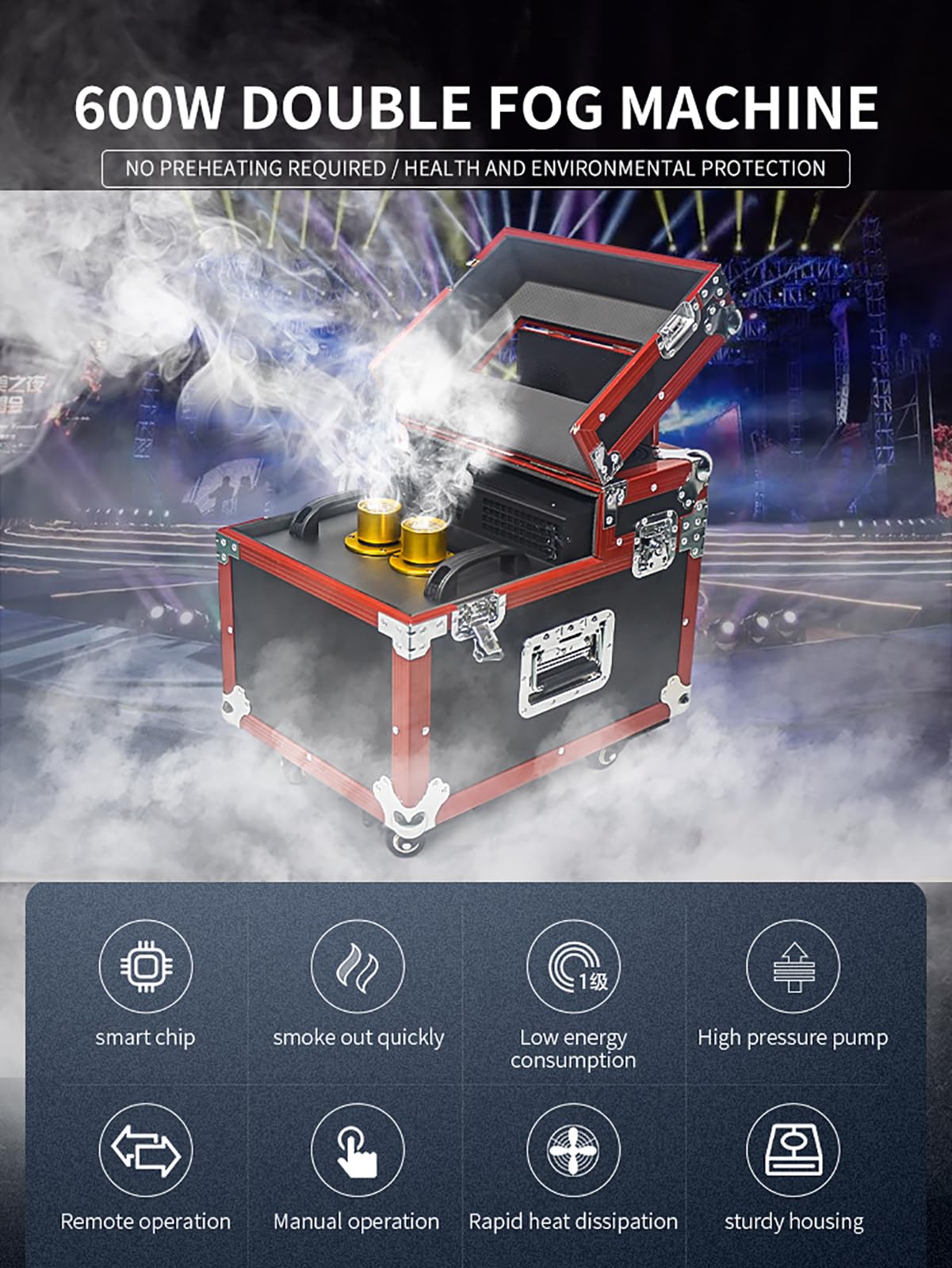 Wytwornica dymu o mocy 600 W, dwugłowicowa wytwornica mgły scenicznej, sterowana DMX 512 wytwornica mgły mgły z walizką transportową na scenę wesele klub srebrny(Red)