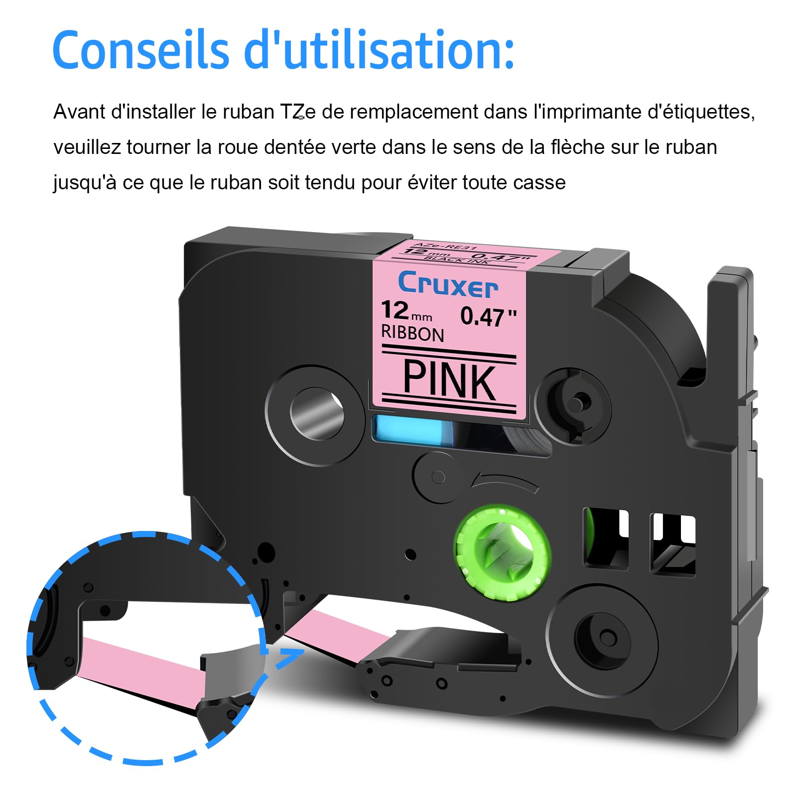 Cruxer Lot de 200 TZE-RE31 Compatibles avec P-Touch Noir sur Rose 12 mm