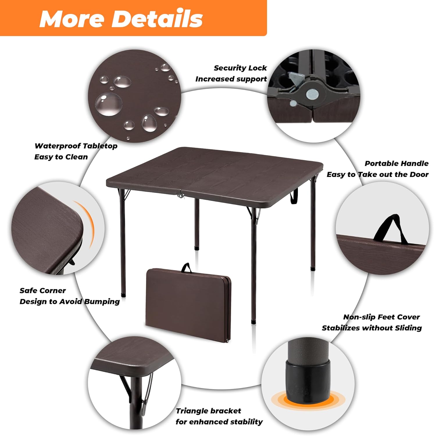 34" Folding Table, Portable Square Camping Card Table with Collapsible Legs & Carrying Handle, Plastic Tables for Outdoor Cooking,Camping,Picnic, Office, Party, Brown