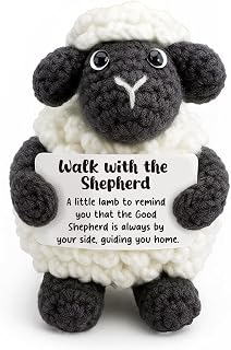 Handmade Crochet Little Black Sheep Religious Gift for Confirmation, Baptism, Christening - Sentimental Keepsake with "Walk with the Shepherd" Card - Christian Faith Present for Godson, Goddaughter