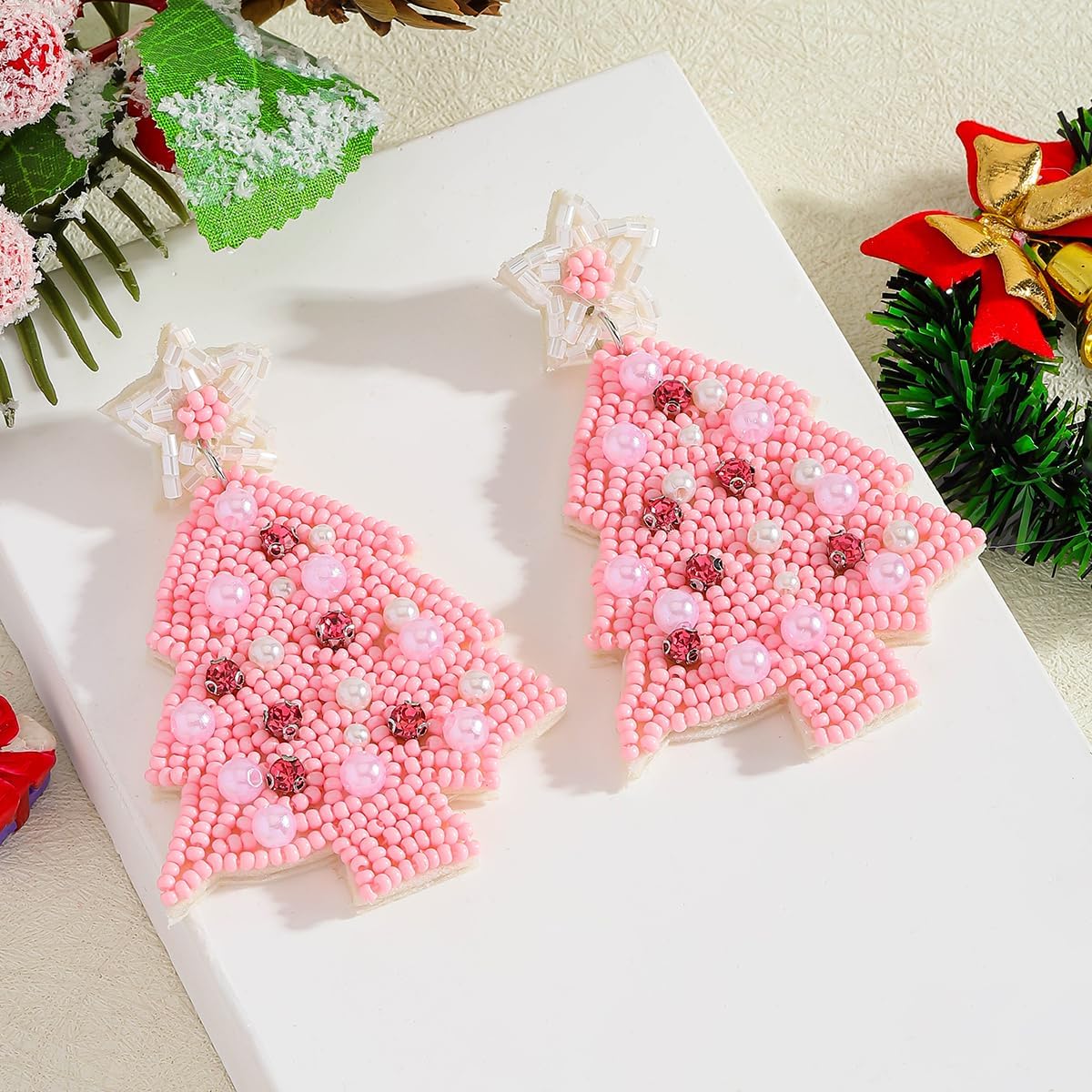 Beaded Christmas Tree Earrings for Women, Handmade Beaded Xmas Dangle Earrings, Lightweight Xmas Tree Earrings for Christmas Holiday Jewelry Gifts - Image 4