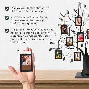 Personalized Family Tree Photo Frame, Custom Engraved Bronze 10 Hanging Photo Display Ornament with Detachable Base for Home Decor, 2x3 Small Picture Holder
