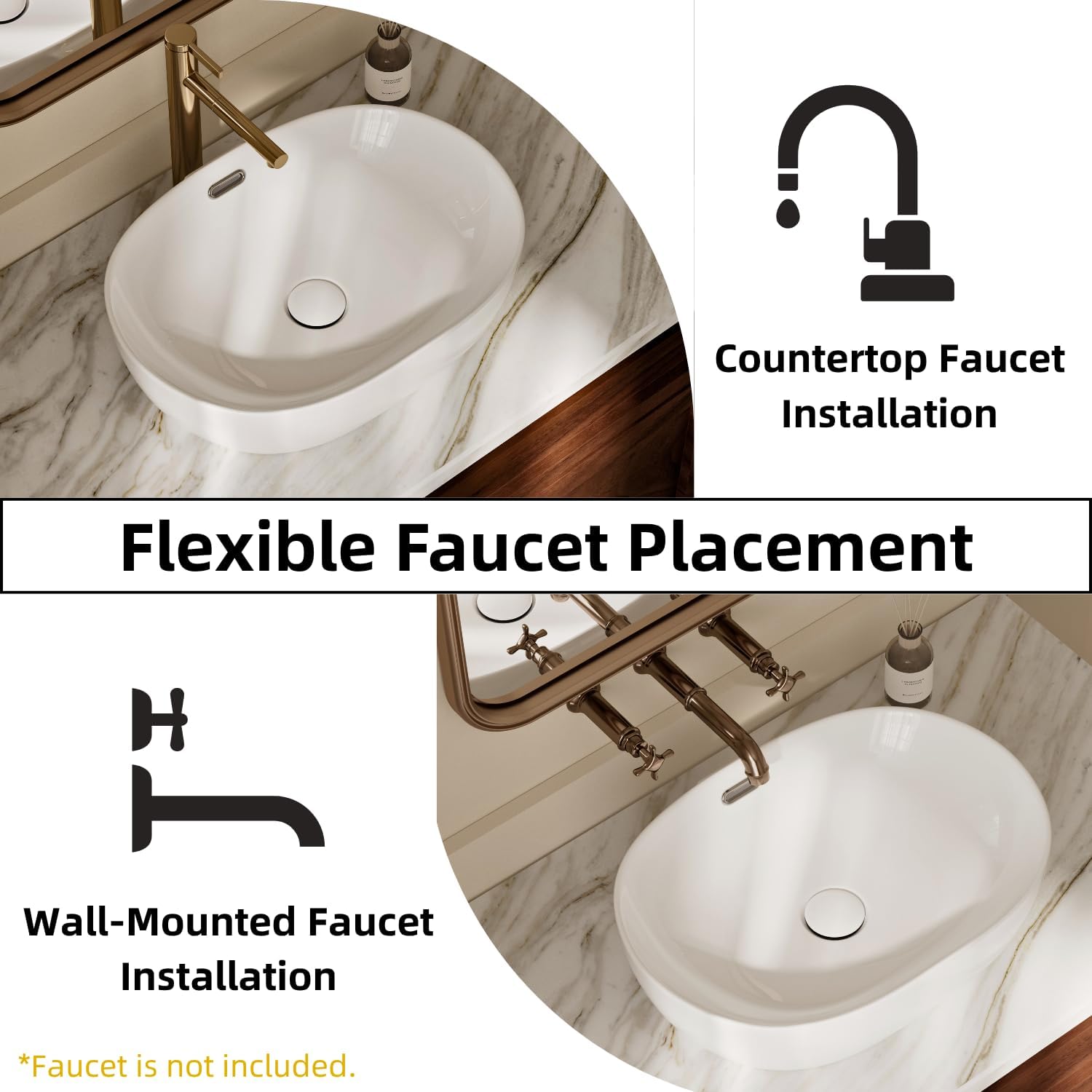 19"W x 14"D Oval Vessel Sink with Overflow, Los Flexi 19 Inch Oval White Ceramic Countertop Bathroom Sink, Small Vessel Sinks For Bathrooms, Easy Install Above Counter Basin