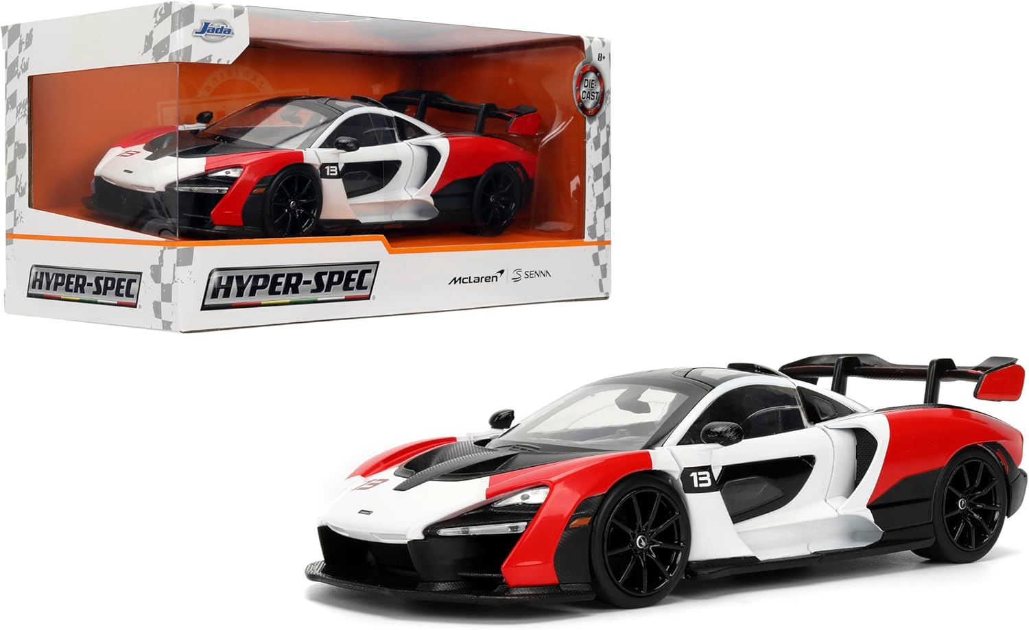Jada Toys Hyper-Spec 1:24 McLaren Senna Die-cast Car – Opening Doors, Hood, Trunk, Rubber Tires(White/Red/Black)