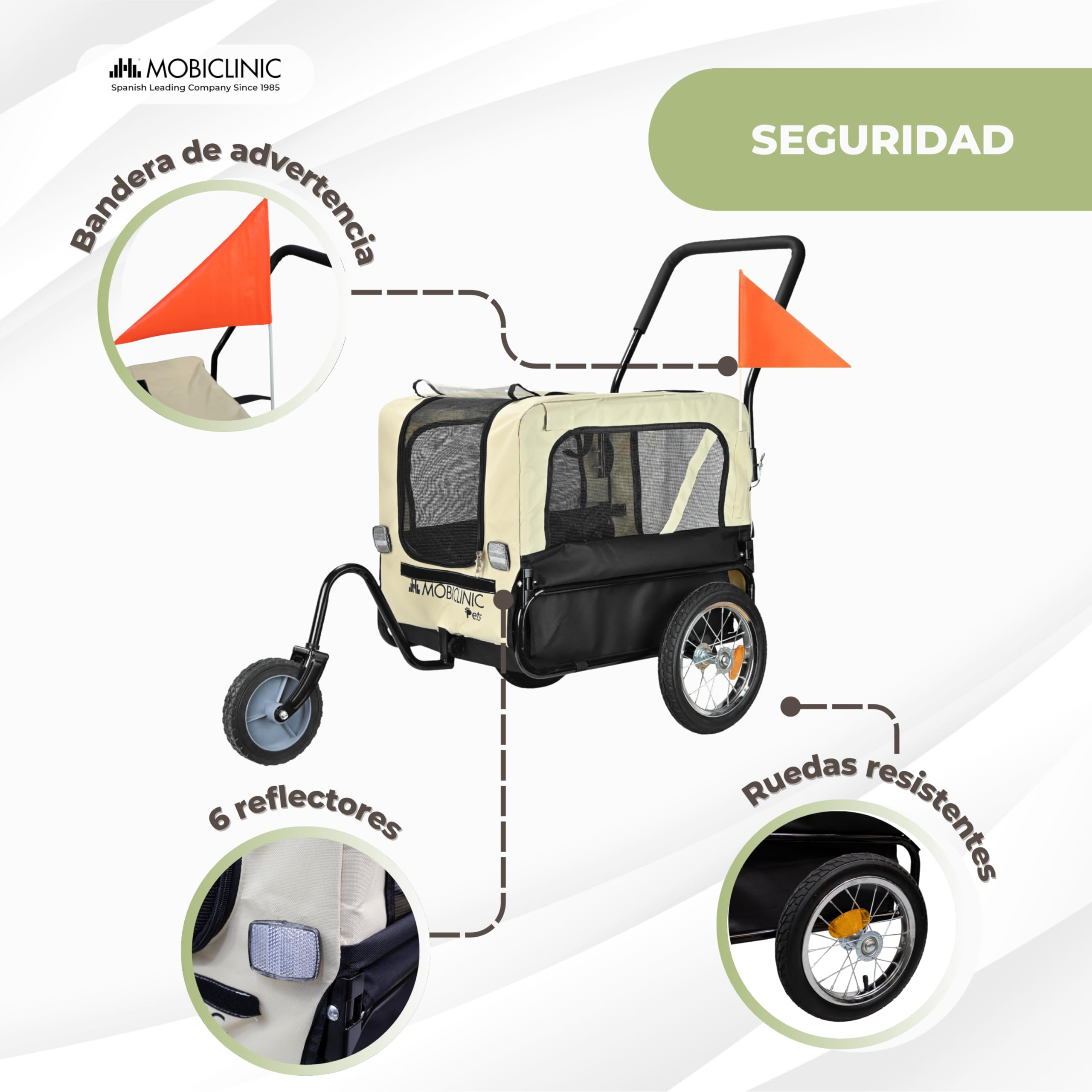 Mobiclinic®, Remolque de Bicicleta para Perros + Carro de Transporte, 2 en 1, hasta 40 Kg, Cubierta Impermeable, 123x67x100 cm, Reflectores y Bandera, 600D Oxford, para Perros Pequeños y Medianos