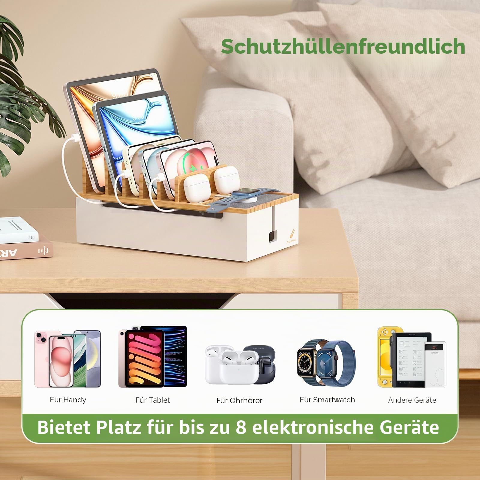 Pezin & Hulin Bambus-Kabel-Management-Box, Draht-Organizer für Kabel, Ladestation, Desktop-Dock-Organizer-Rack für elektronische Geräte (inkl. 6 Kabel) (ohne Netzadapter) – Natur + Weiß