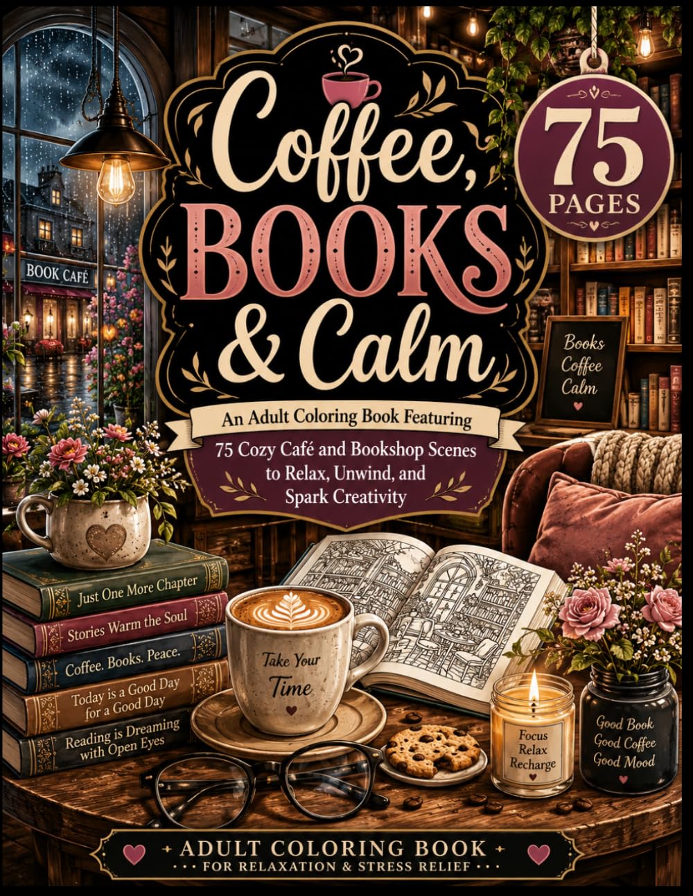 Coffee, Books & Calm: An Adult Coloring Book Featuring 75 Cozy Café and Bookshop Scenes to Relax, Unwind, and Spark Creativity