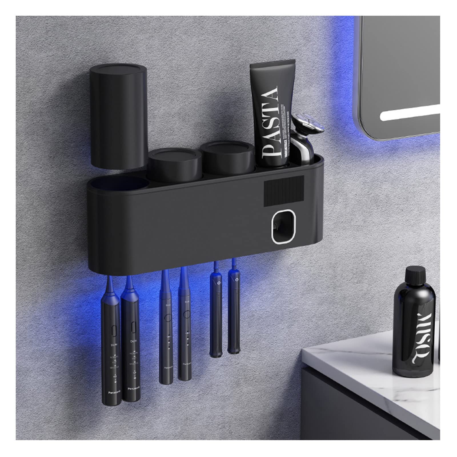 Porta Spazzolino Elettrico, Porta Spazzolino Parete, Porta Testine Spazzolino Elettrico, Sterilizzatore UV per 6 Fessure per Spazzolini Multifunzione Ricaricabile Solare Nero