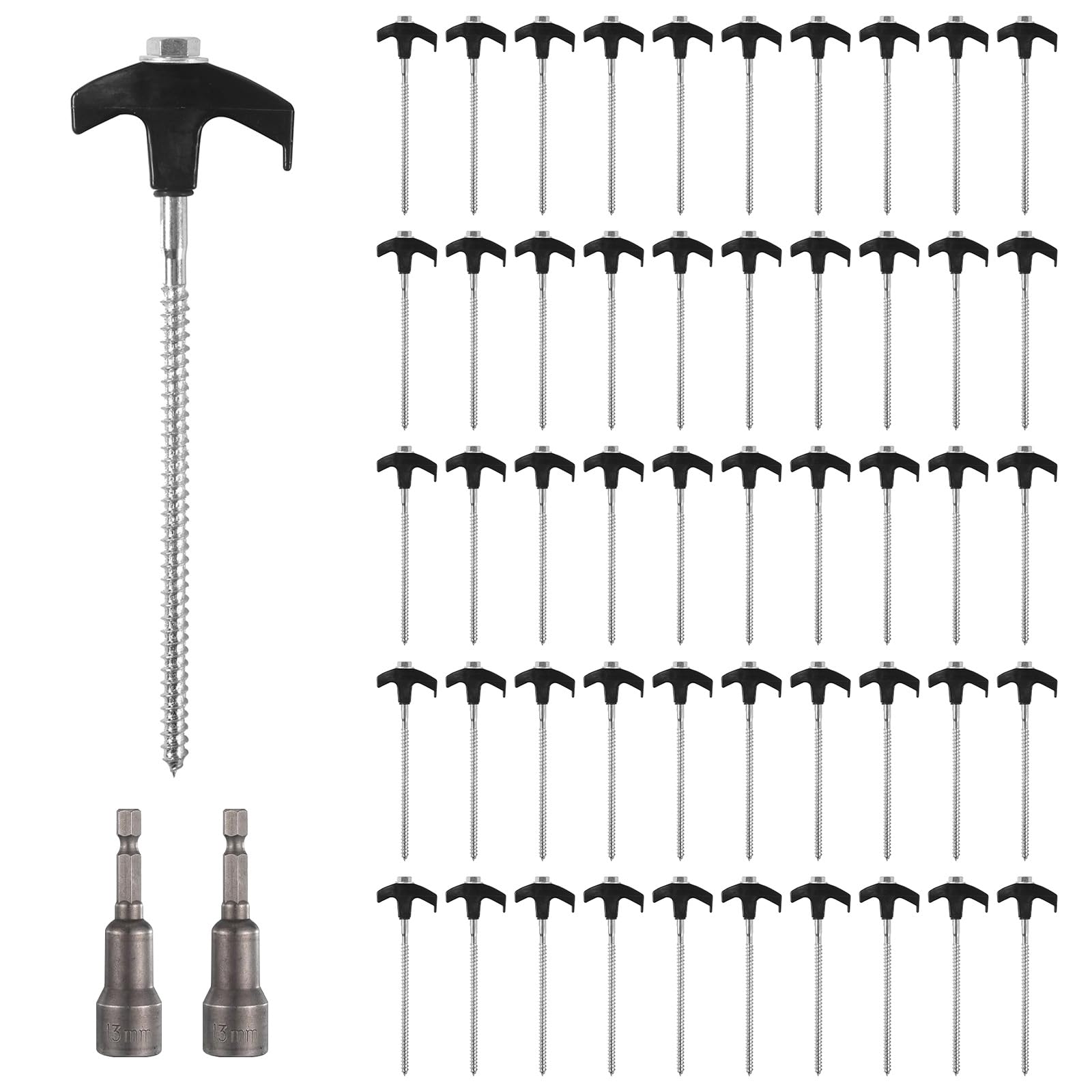 Lot de 50 piquets de tente robustes à visser de 20,3 cm avec tête hexagonale pour camping, jardin, cour (noir)