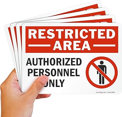 SmartSign (Pack of 4) 5 x7 inch “Restricted Area - Authorized Personnel Only†Sticker Labels with Symbol, 5 mil Laminated Polyester with SuperStick Adhesive, Red, Black and White