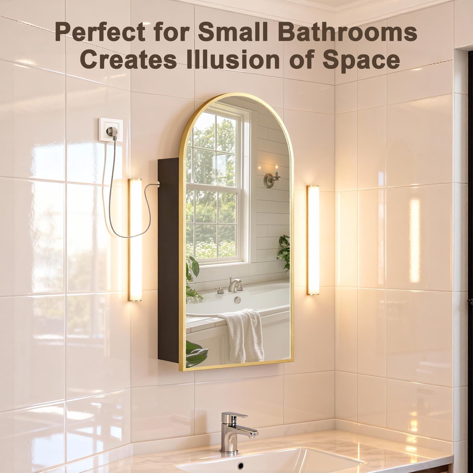 FKWin Specchio da bagno con contenitore e presa di corrente, armadietto dei medicinali per apertura sinistra o destra, non incassato, ampio specchio cosmetico con contenitore per proprietario di casa