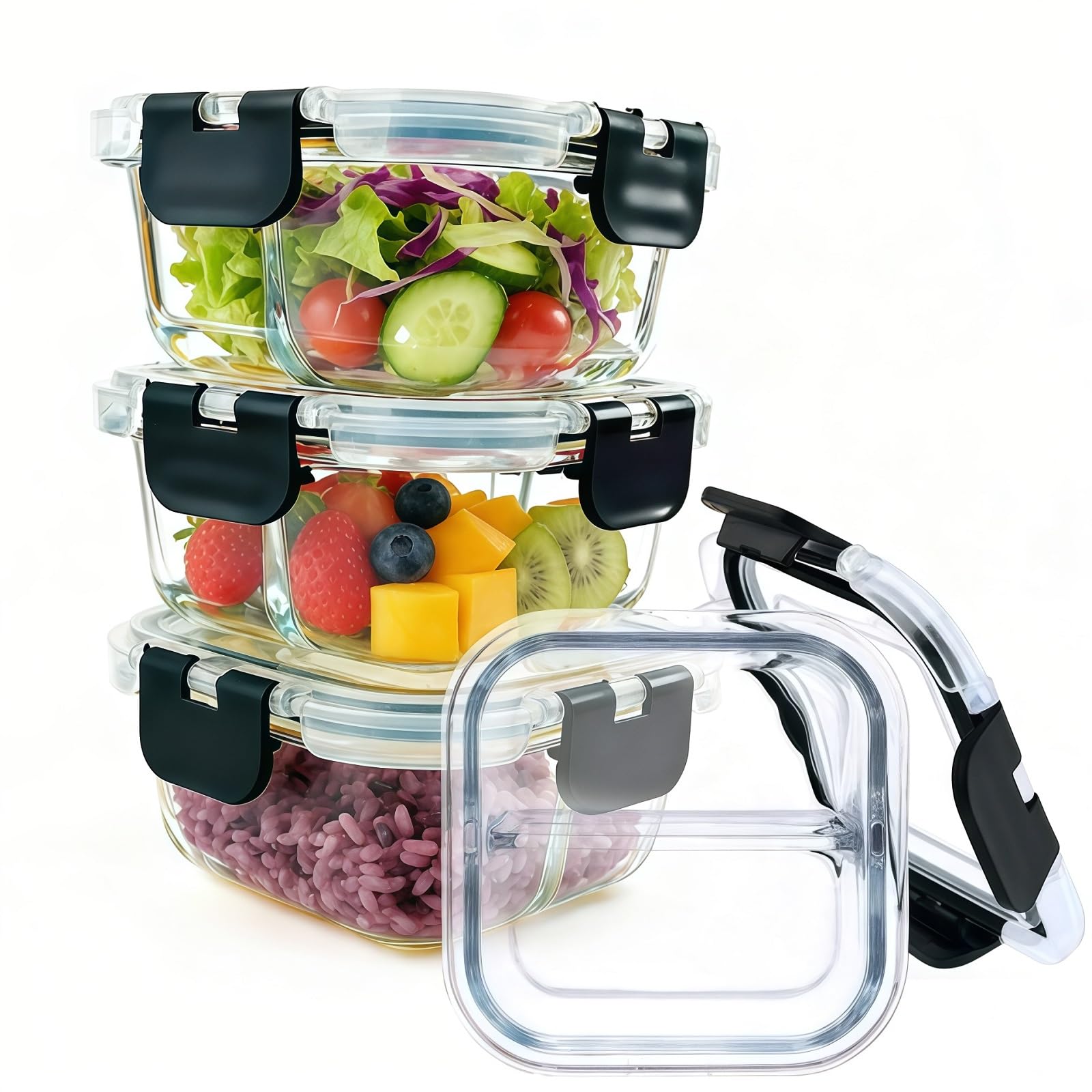 Paquete de 3 recipientes de vidrio para preparación de comidas con tapas, recipientes de control de porciones de 8 onzas para bariátricos, recipientes de vidrio reutilizables con dos