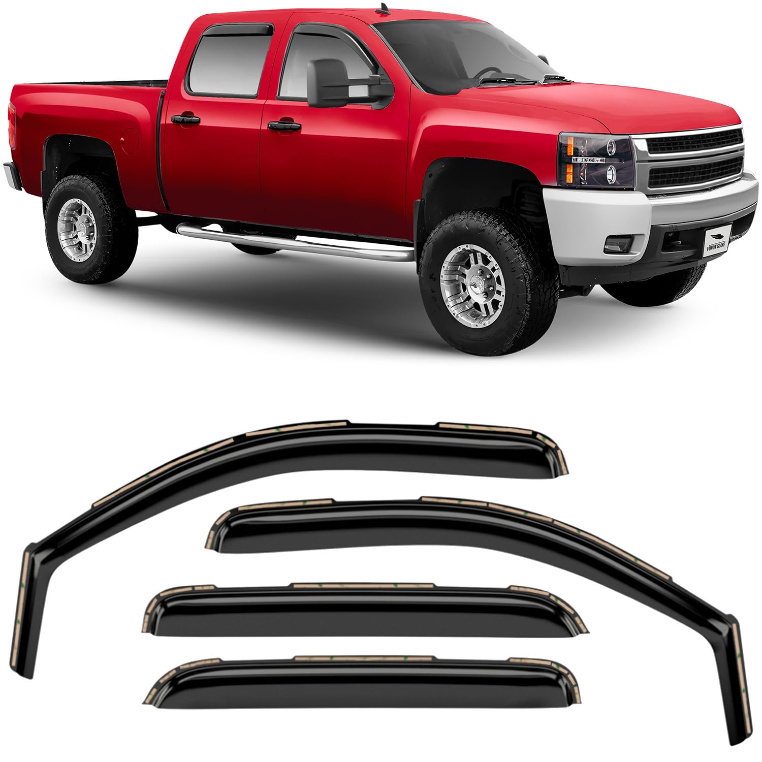 Voron Glass In-Channel Rain Guards For Chevy Silverado/GMC Sierra 1500 Crew Cab 2019-2025 - 4-Piece Window Deflector Set
