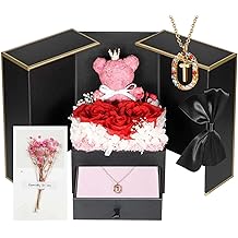 Rose Gifts for Mom Birthday - Preserved Real Roses Flowers Gift with Initial Necklace T, Meaningful Anniversary Present for Girlfriend Her Wife Women