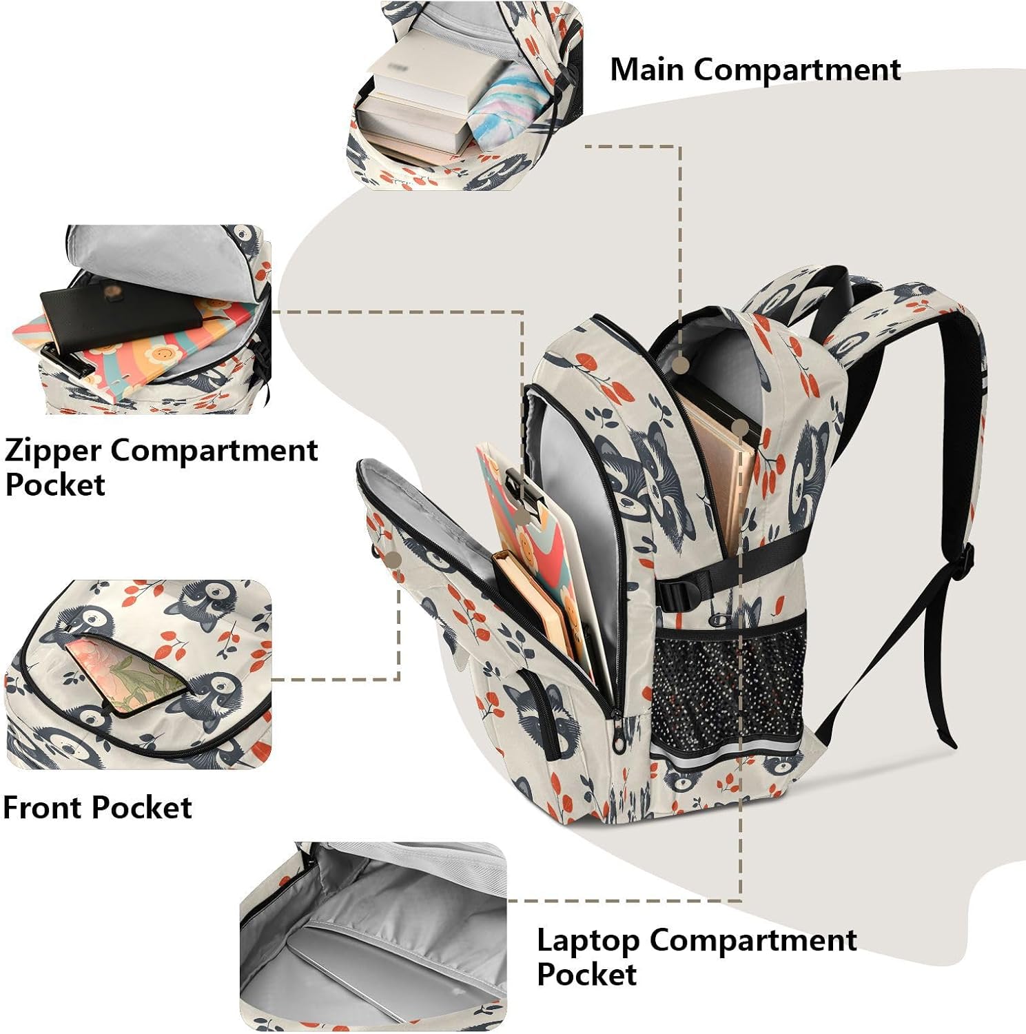ALAZA Raccoon Leaves Pattern Backpack with Mulitiple Pockets for School Outdoor College Travel Bookbag 14 inch Laptop Backpack for Men and Women image 5