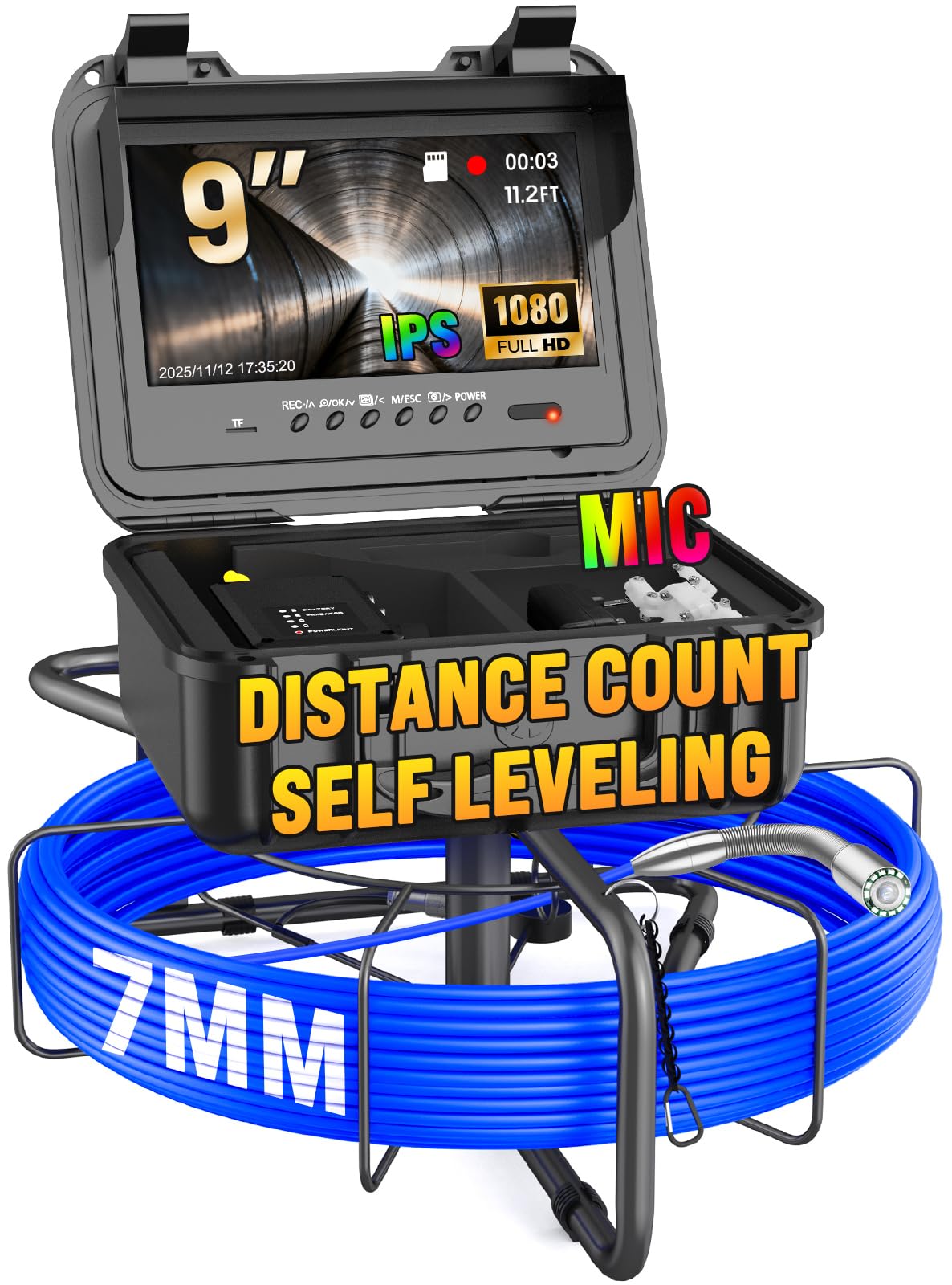 Sewer Camera with Self-Leveling and Distance Count, IP68 Waterproof Cam, 9" Pipe Drain Inspection with 12pcs Light, DVR with 32GB Card, 7mm Cable (