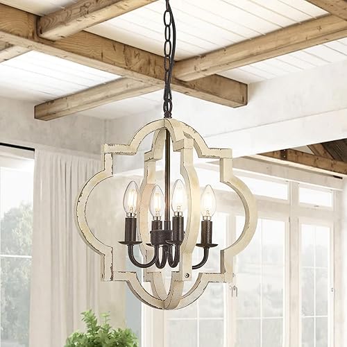 Farmhouse Chandelier, 4 Light Rustic Chandelier Foyer Light Fixtures with Adjustable Suspension Chain. Wooden Chandelier for Foyers, Dining, Living Rooms, Kitchen (Surface Aging Design)