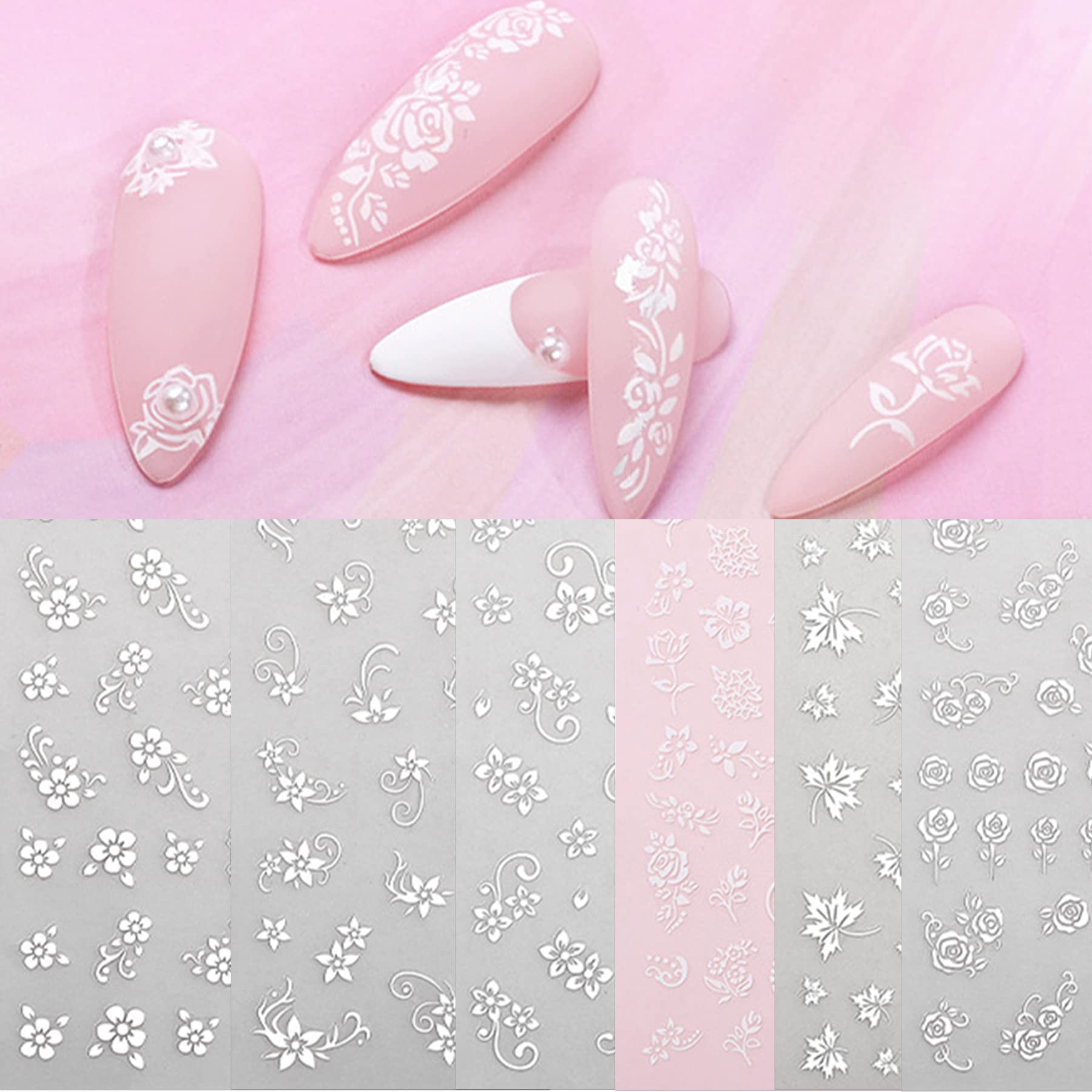 White Flower Nail Art Decal Stickers for Women Fingernails Acrylic Nails Designs and Nail Decoration Self Adhesive Floret Nail Stickers for Nails Decor (Pack of 6)